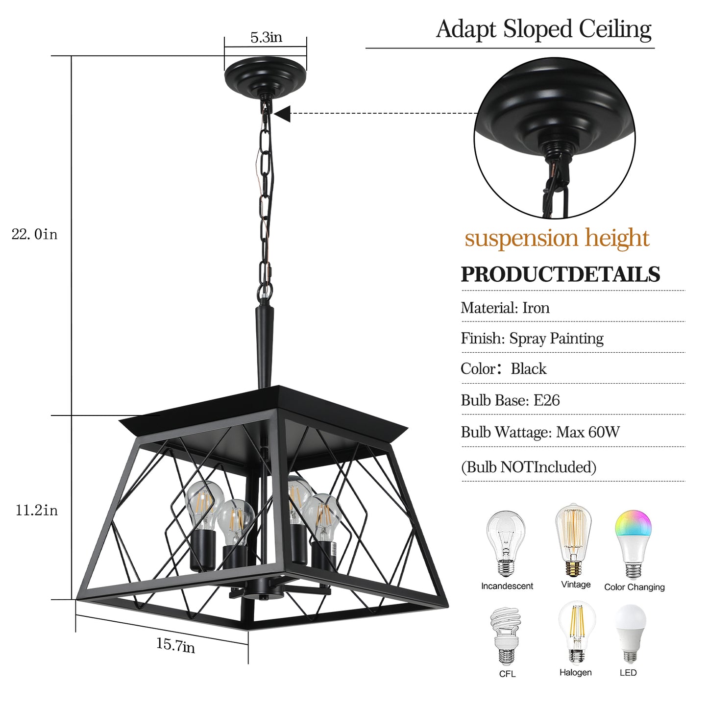 16-Inch Black Industrial 4-Light Pendant Chandelier - Adjustable