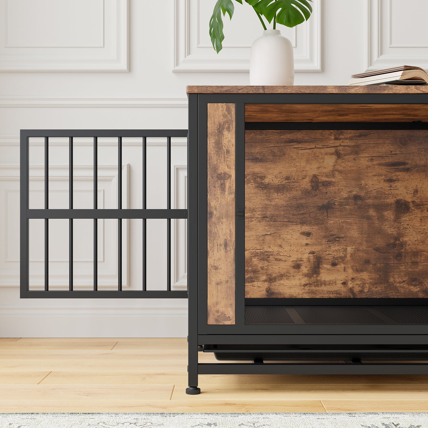 Wooden Dog Crate Table with 2 Sliding Doors - Rustic Brown