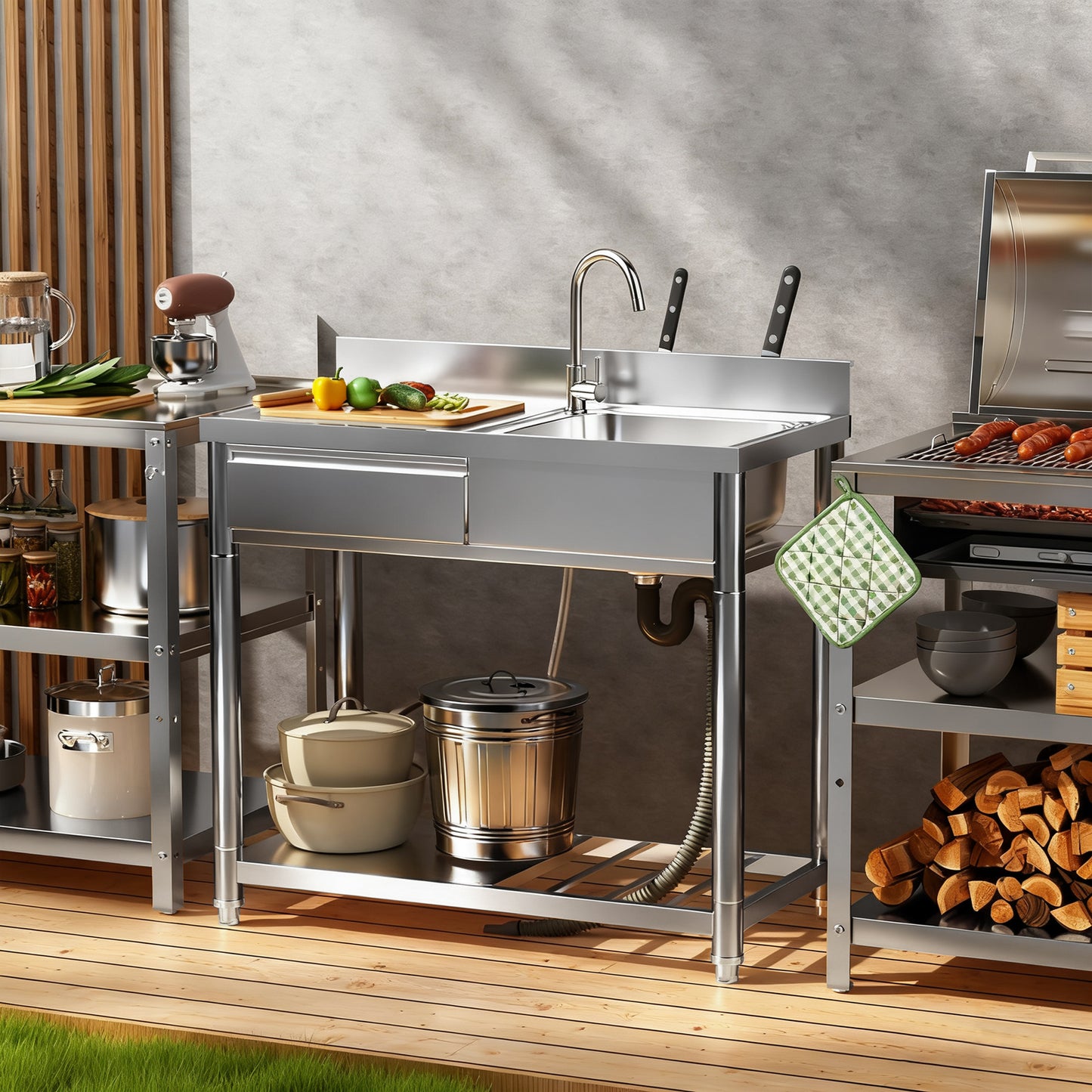 304 Stainless Steel Outdoor Utility Sink with Workbench & Shelf