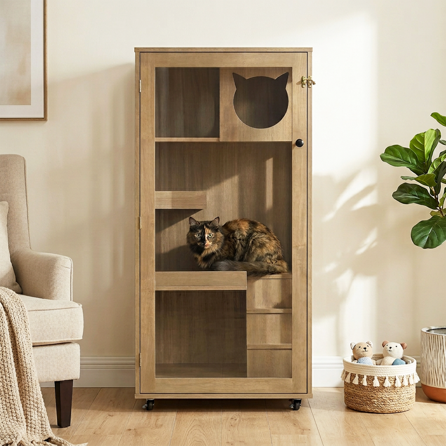 Rubber Wood Cat Enclosure with Multi-Level Shelves & Lockable Wheels - Natural Finish