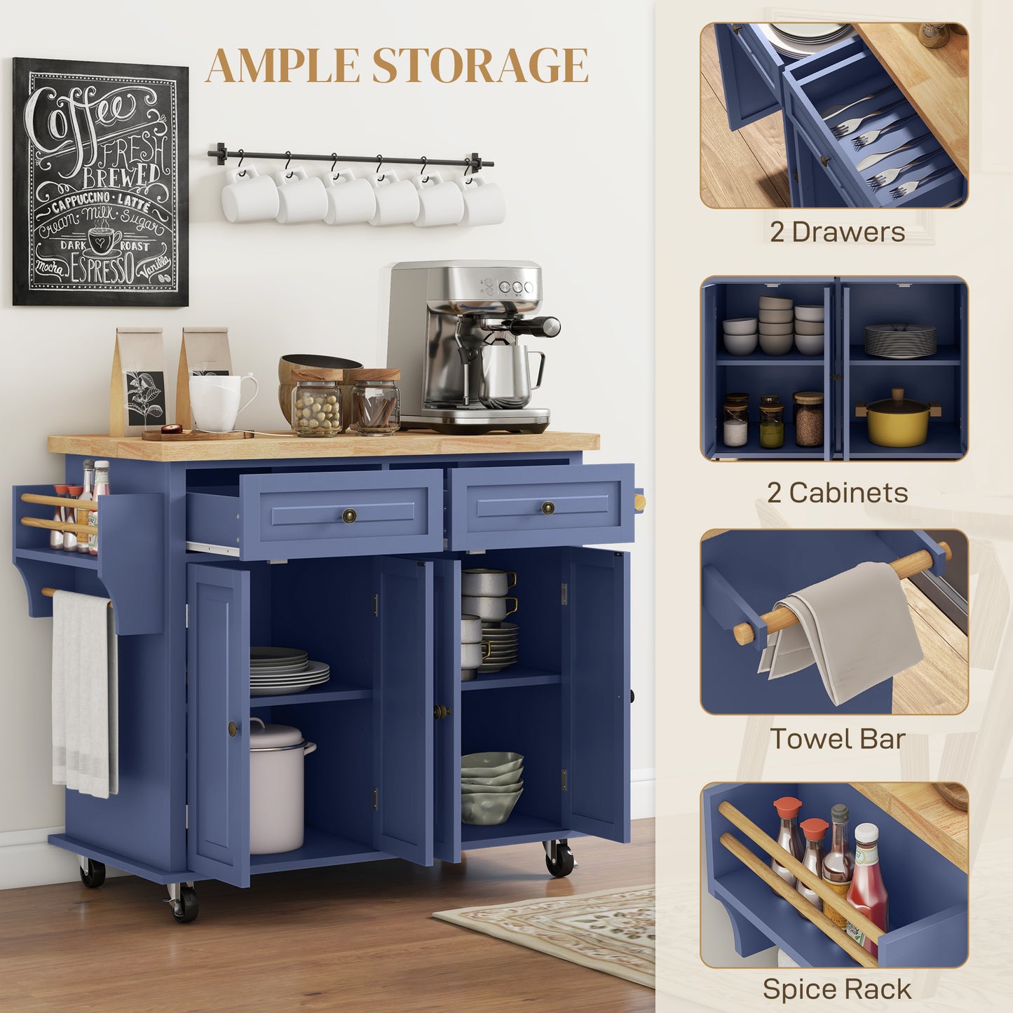 Rolling Kitchen Island on Wheels with Rubberwood Top and Storage - Navy Blue