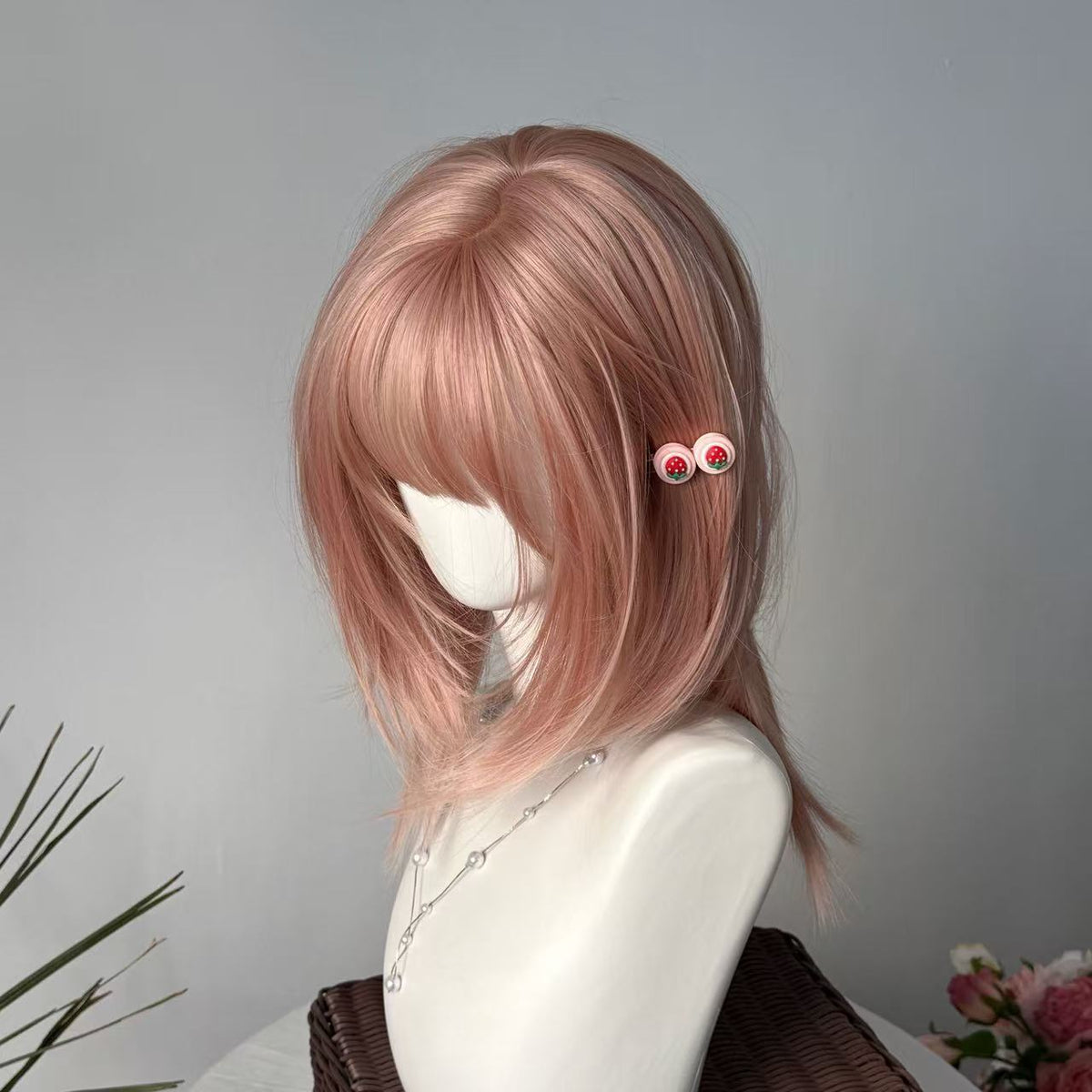 Summer Mullet Short Hair Wig with Fog Pink Color and Hair Net or Care Set