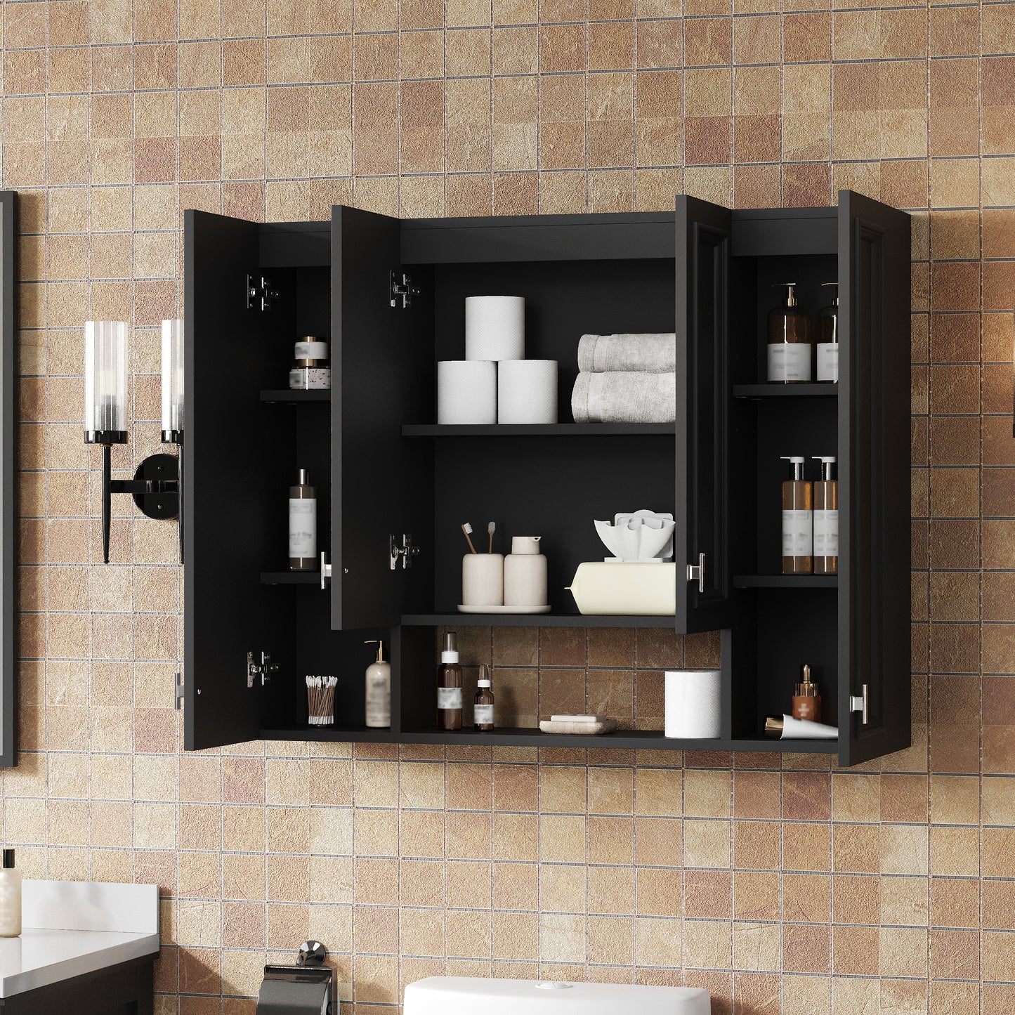 Modern Wall-Mounted Bathroom Cabinet with 5 Adjustable Shelves - Black