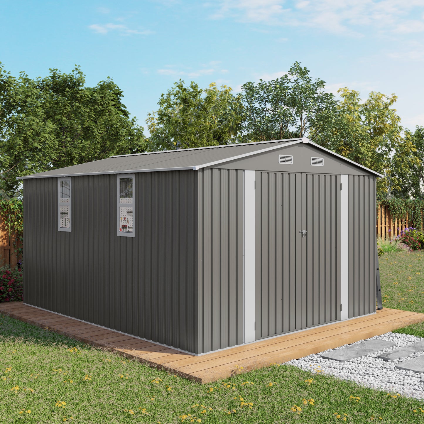 10x12FT Outdoor Storage Shed Large Metal Garden With Double Door And