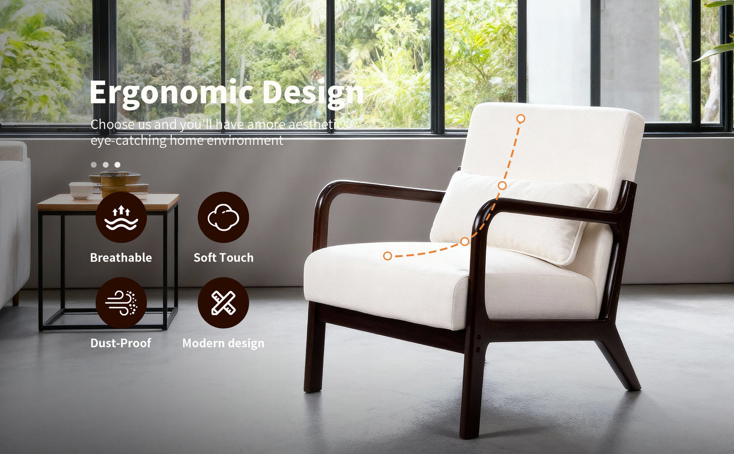 Mid Century Modern Accent Chair with Solid Wood Frame - Beige