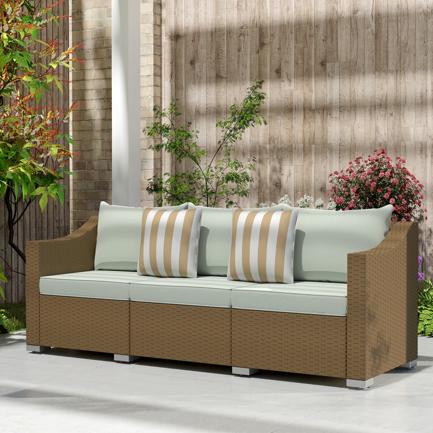 Light Gray Rattan Wicker 3-Seater Outdoor Sofa with Cushions
