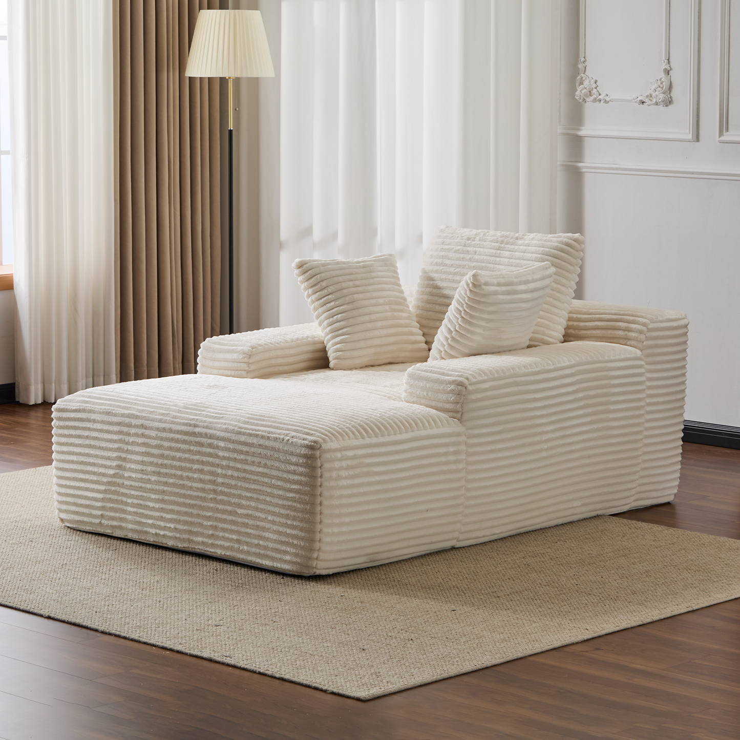 Oversized Chaise Lounge Chair - White Corduroy Sleeper Sofa with Pillows