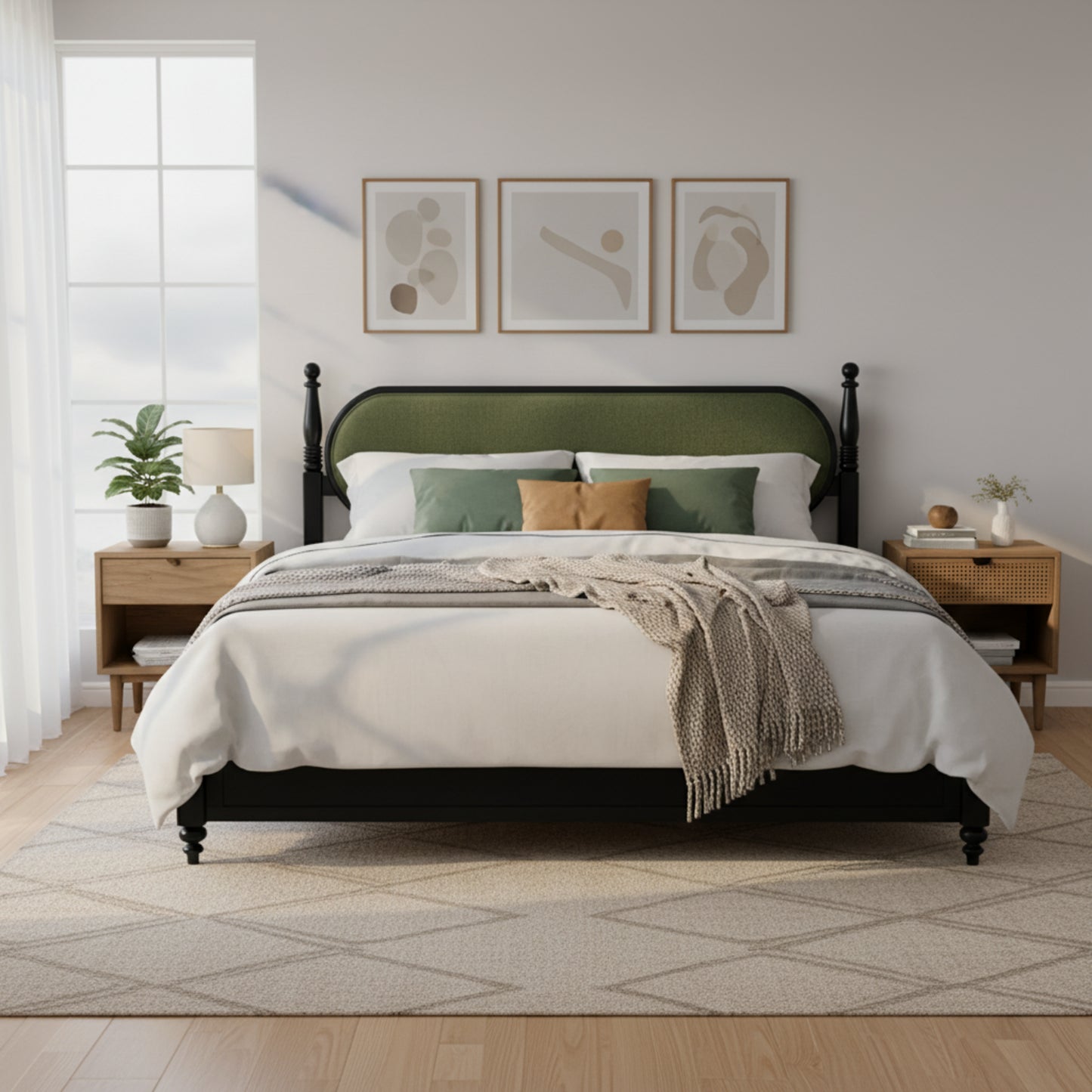 Solid Wood King Bed Frame with Slats - Modern Black & Green