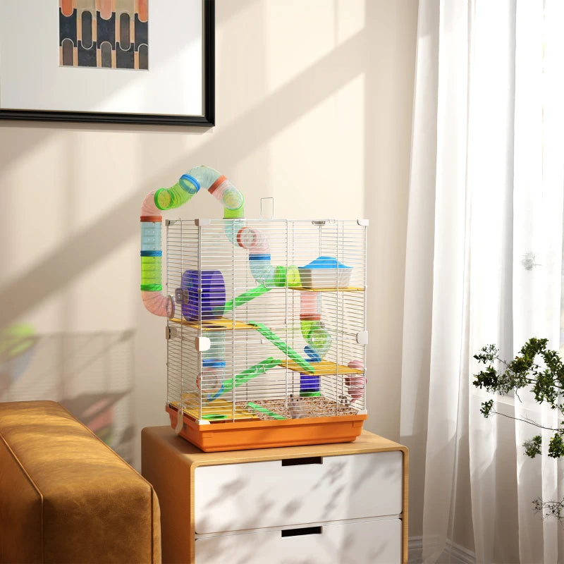 Portable 5-Tier Hamster Cage with Exercise Wheel and Tubes – Small Animal Habitat