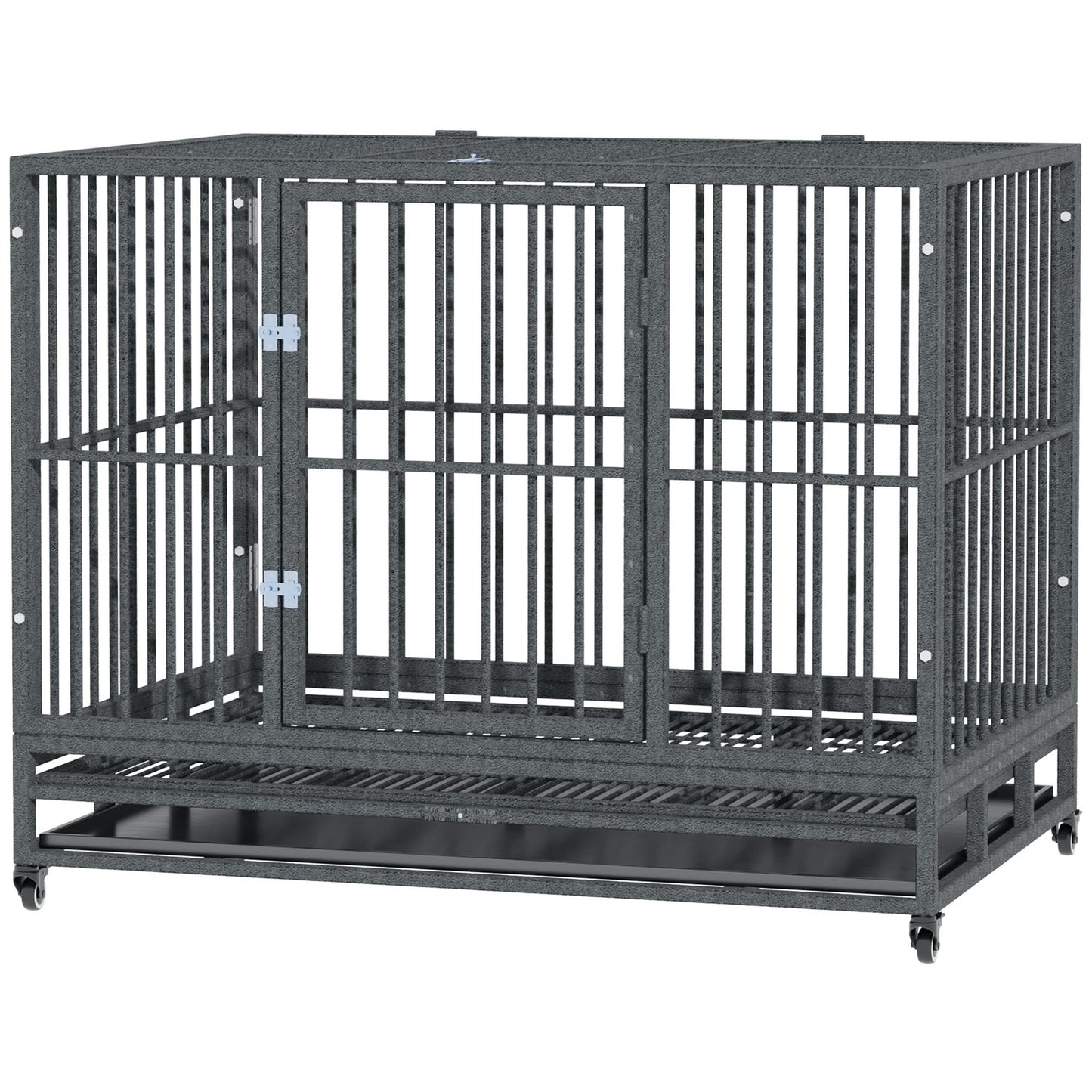 Heavy Duty Dog Crate Metal Cage with Lockable Wheels & Double Doors - 43 Inch Gray
