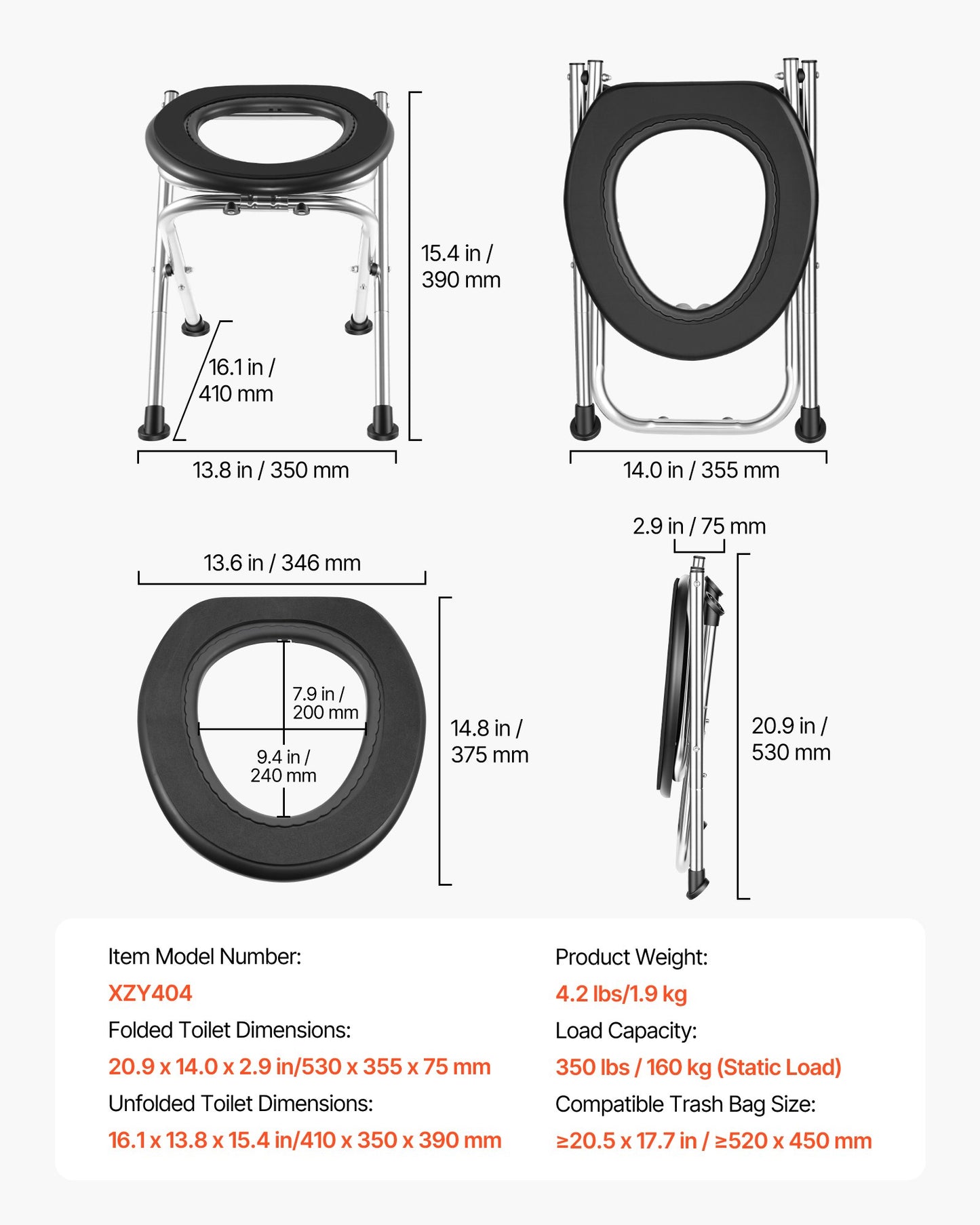 Portable Camping Toilet with Steel Frame & Soft Seat — Supports 350 lbs, Foldable for Travel & Outdoor Use
