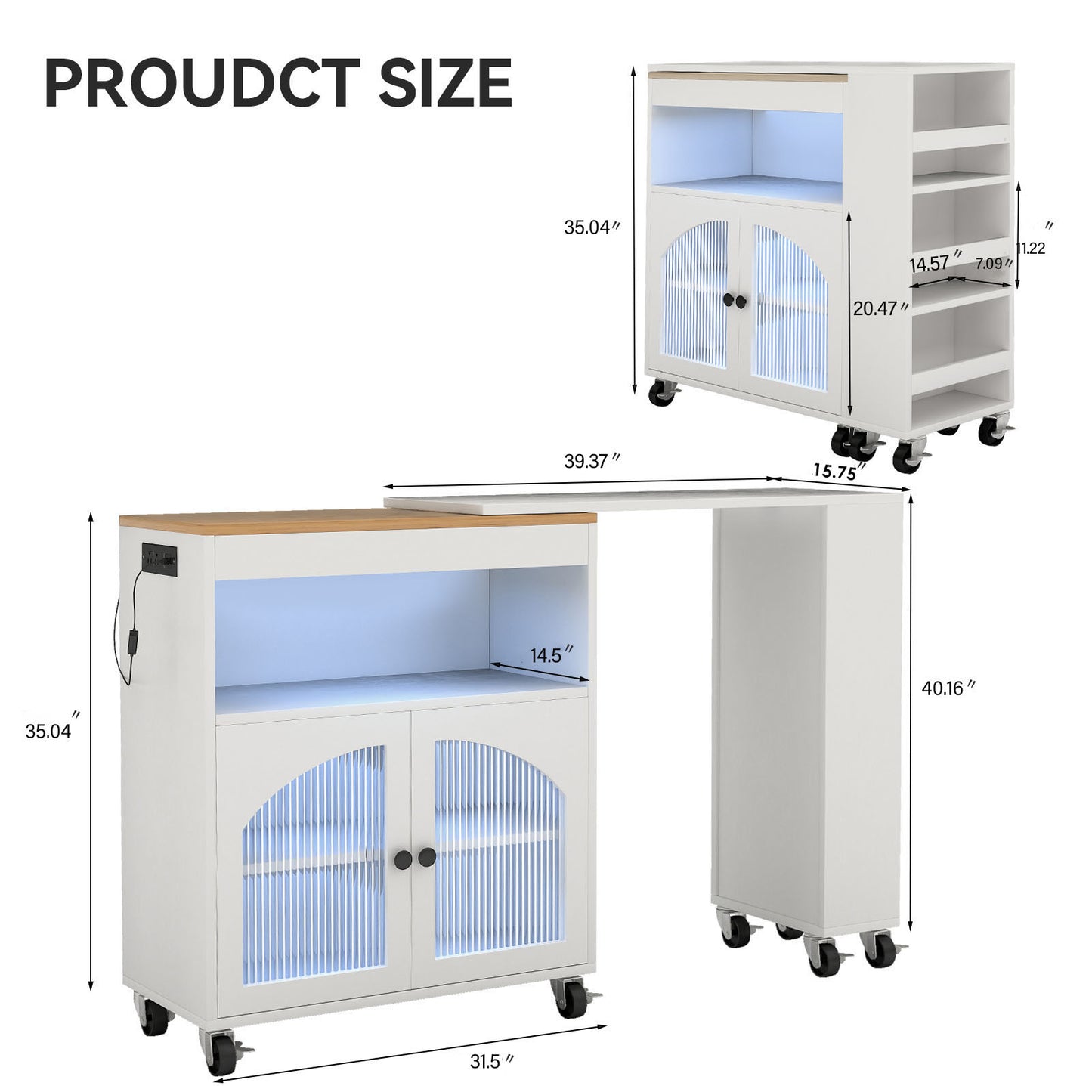 Mobile Kitchen Island Cart with LED Lighting and Power Outlets - White MDF