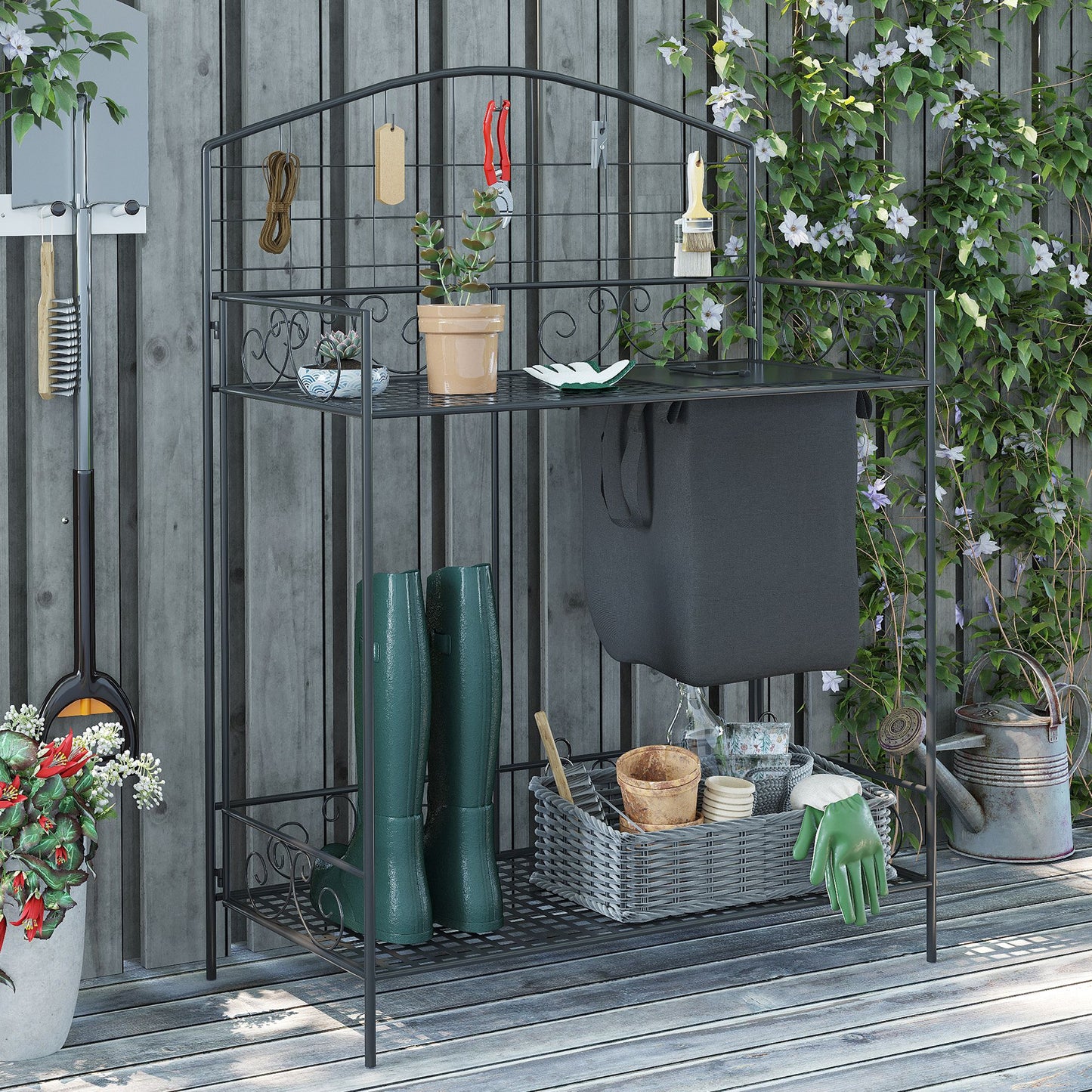 Folding Potting Bench with Large Bag Hooks Shelf Garden Workstation Black