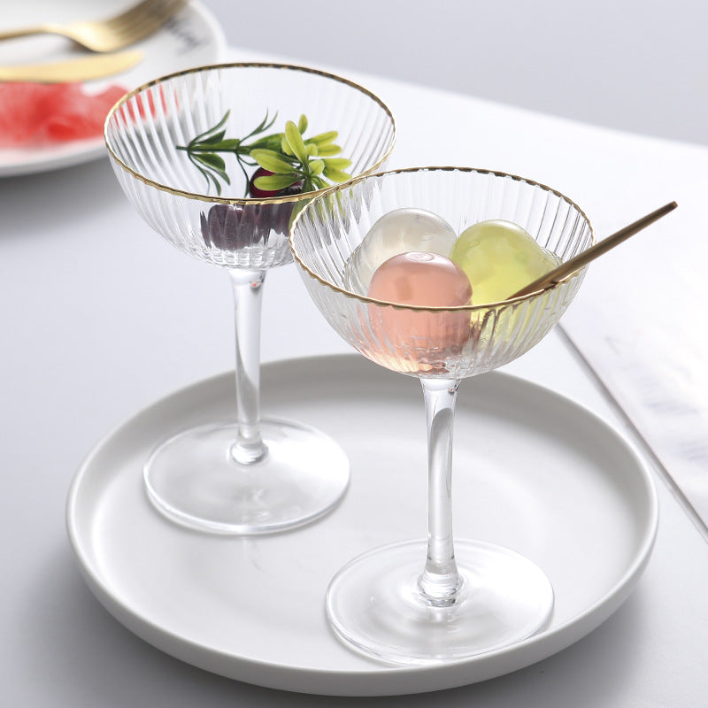 Gold Rim Striped Ice Cream Cup Tall Crystal Glass 1 or 2 Pack - Transparent