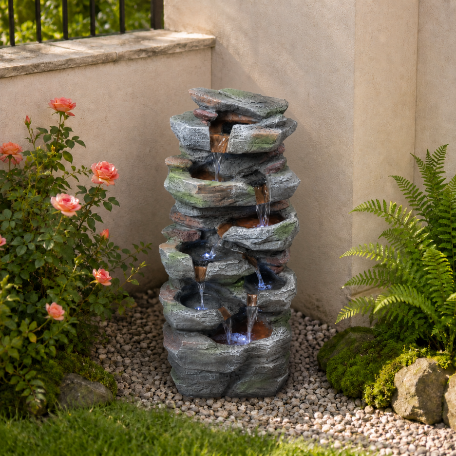 Outdoor Rock Waterfall Fountain with LED Lights for Garden Patio Lawn