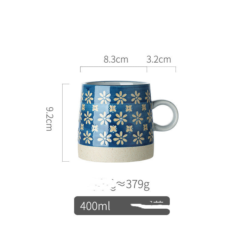 Retro Pastoral Water Mug Embossed Ceramic Drinkware with Handle