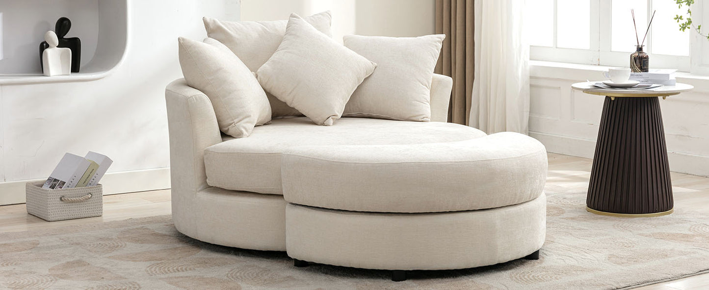 360° Swivel Accent Barrel Chair with Storage Ottoman & 4 Pillows - Cream