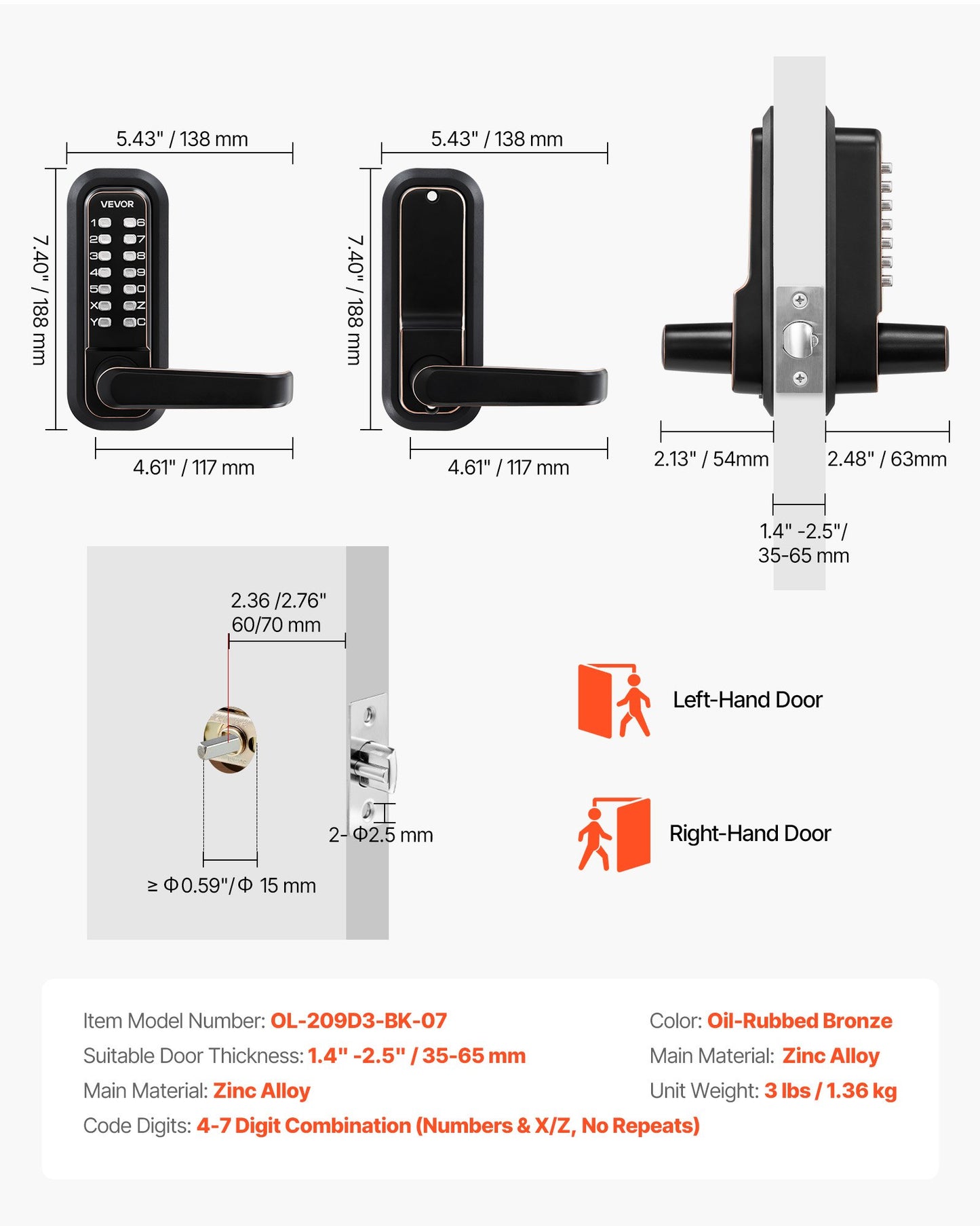 Mechanical Keyless Door Lock with Handle, 4-7 Digit Code, Outdoor Indoor Use