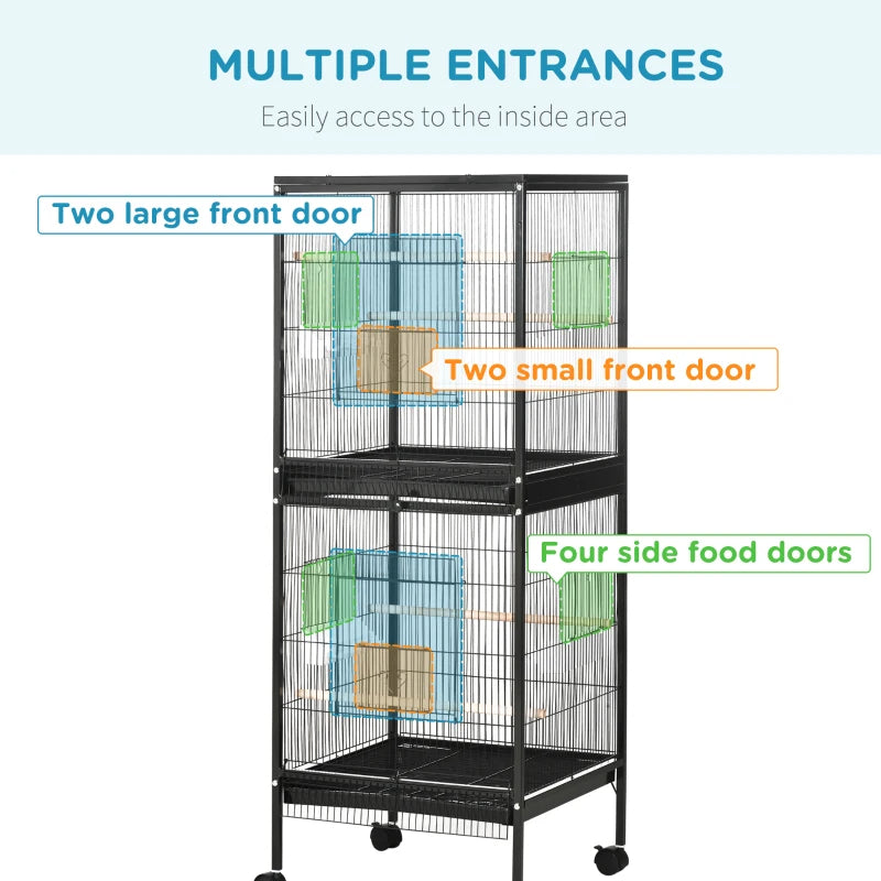 2-in-1 Bird Cage Aviary with Wheels for Finches and Parakeets, Black