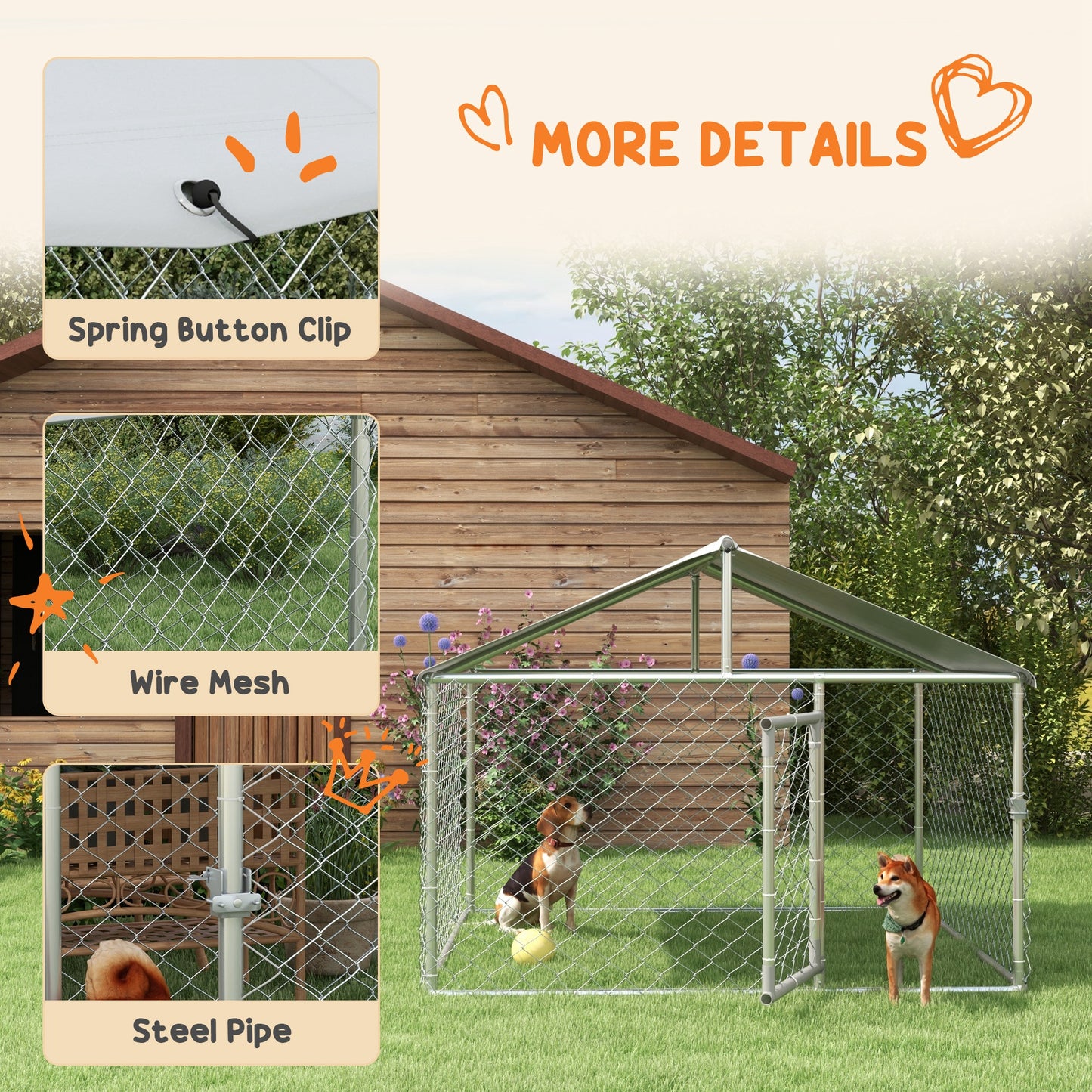 Outdoor Dog Kennel with Waterproof Roof for Small & Medium Dogs - Silver, 43 sq ft
