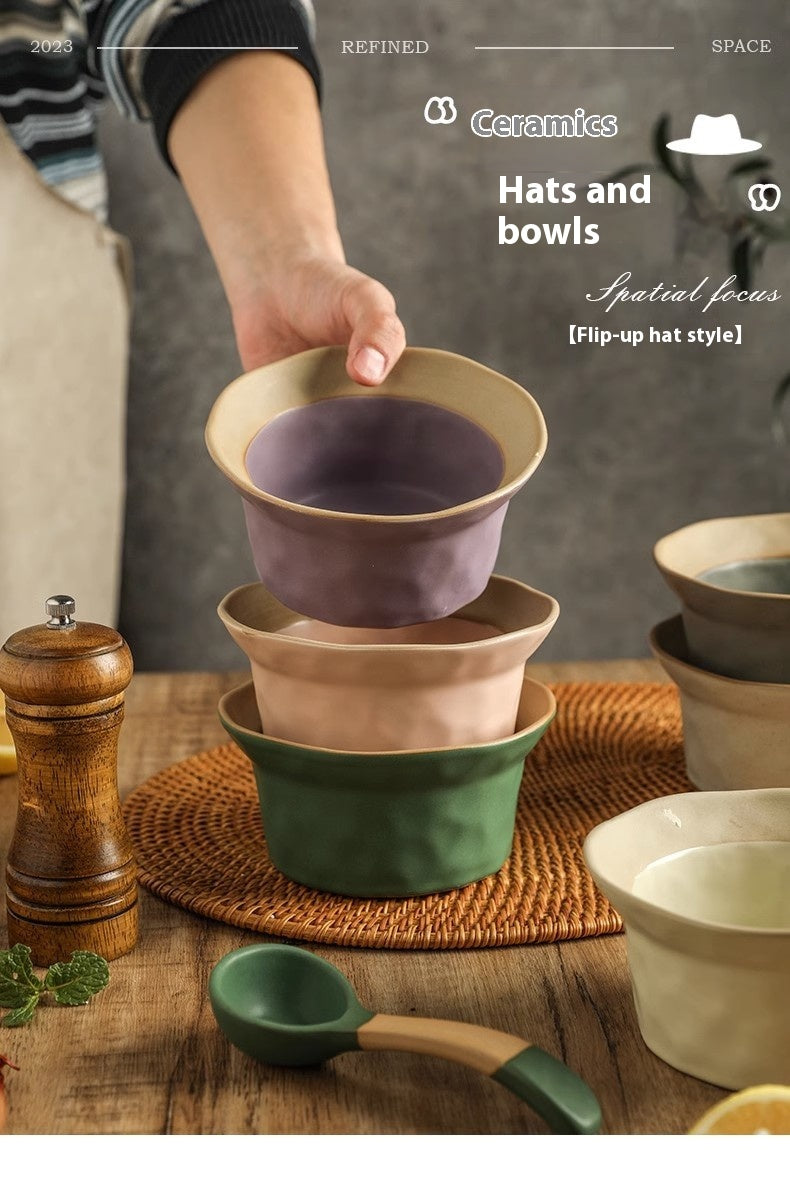 Retro Ceramic Kitchen Bowl Set with Spoons - Handmade Stoneware Dinnerware