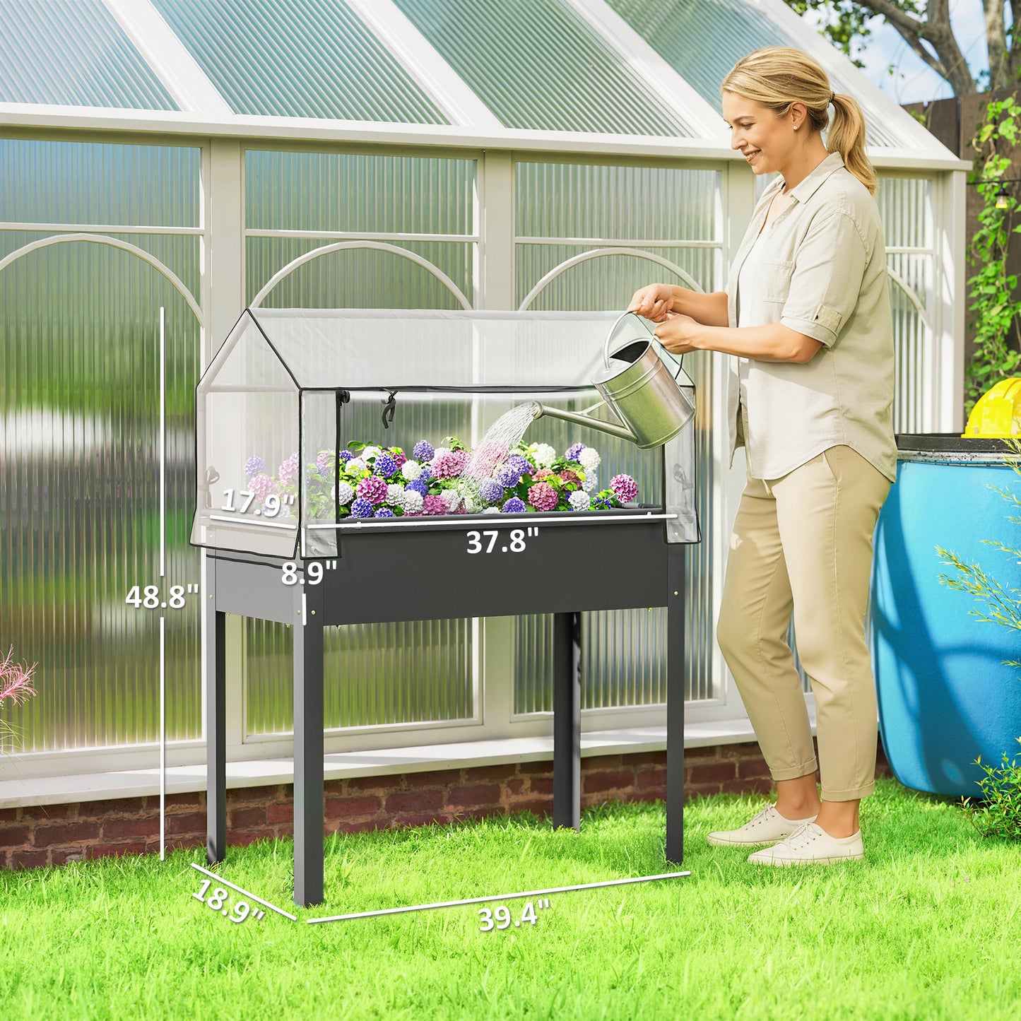 Elevated Garden Bed with Greenhouse Cover - Dark Gray, 1100x510mm
