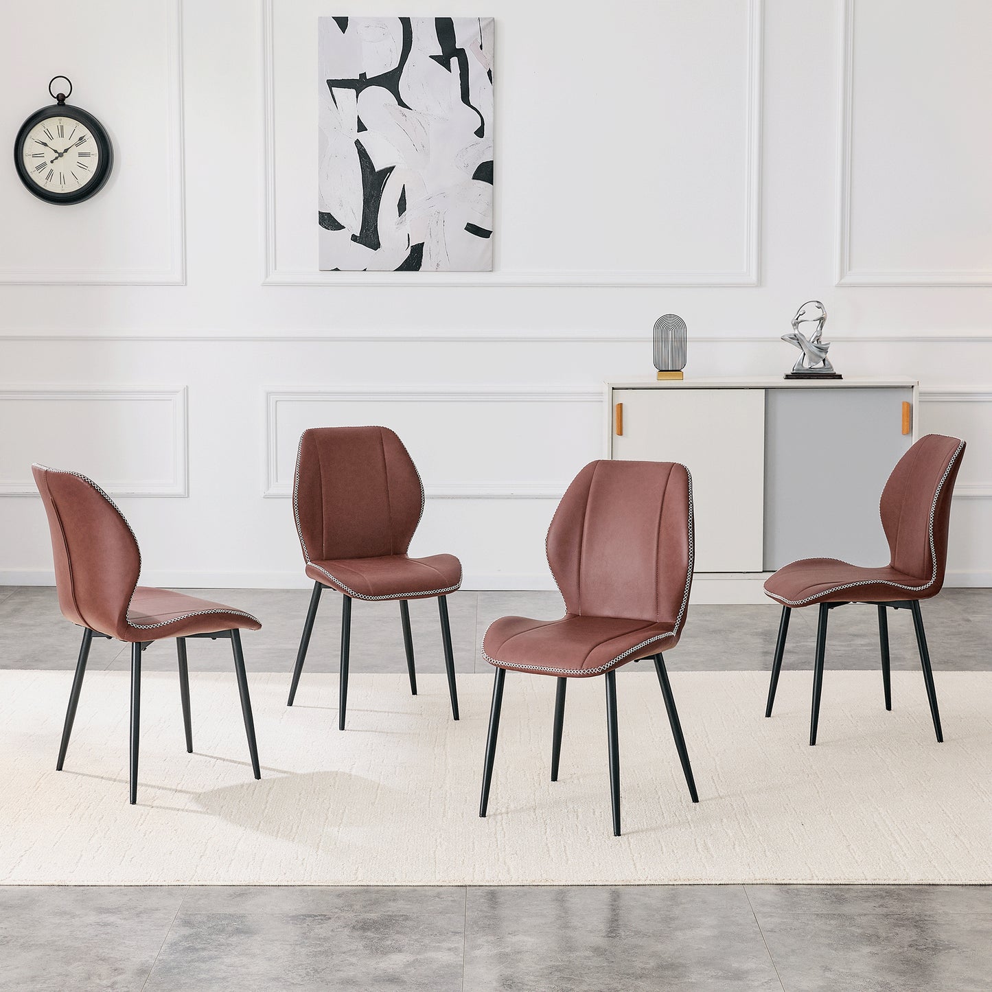 4-Pack Reddish-Brown PU Leather Dining Chairs with Metal Legs