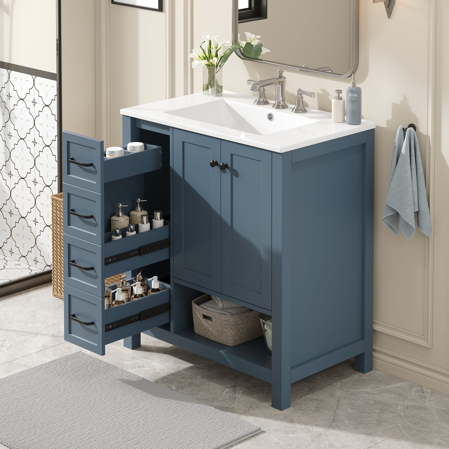 30" Bathroom Vanity with Sink Top - Blue Gray Solid Wood Cabinet