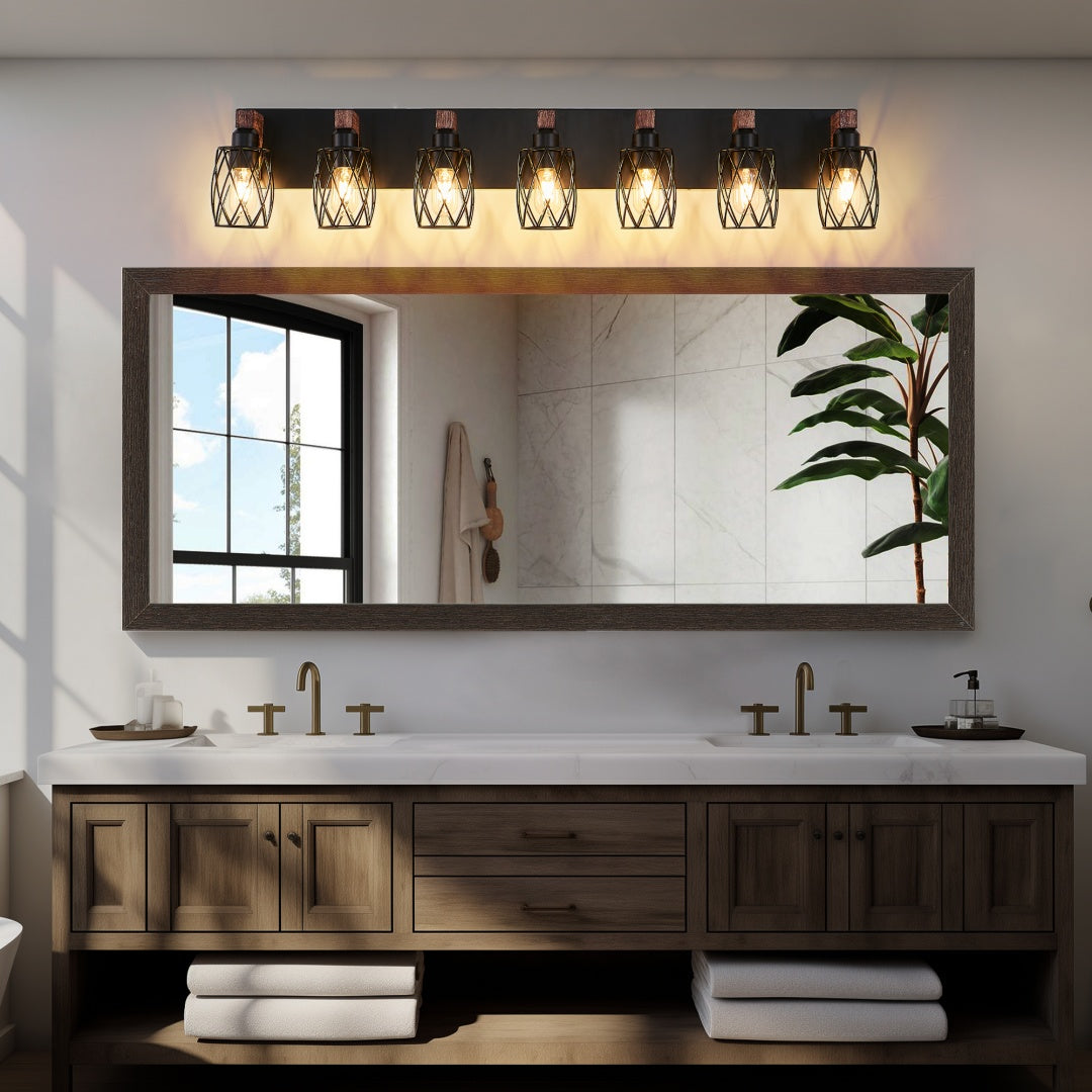Vintage Industrial 7-Light Wall Sconce - Black Cage & Wood Accents