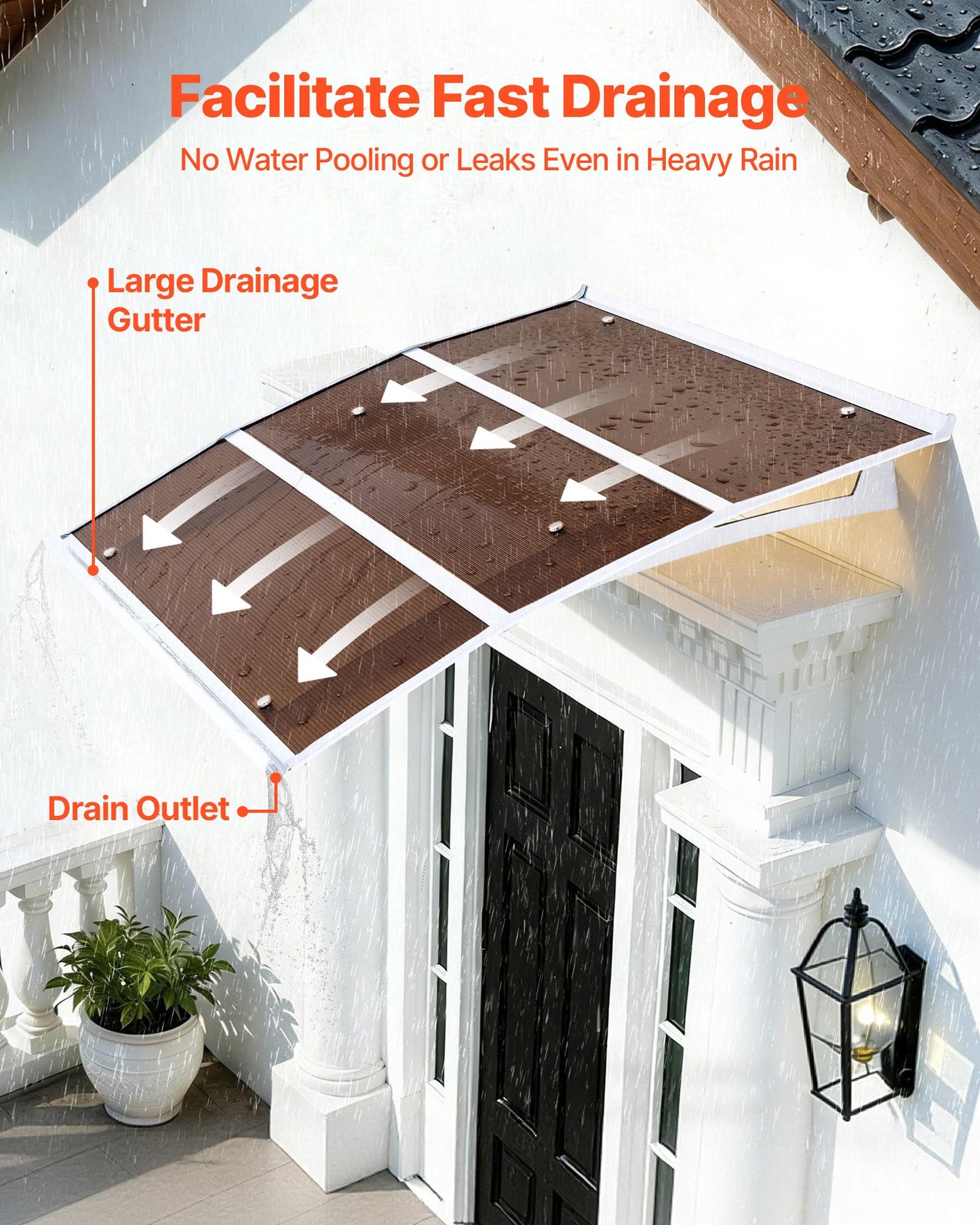 Black Polycarbonate Door Awning 37x47 Inch Outdoor Porch Canopy Weatherproof