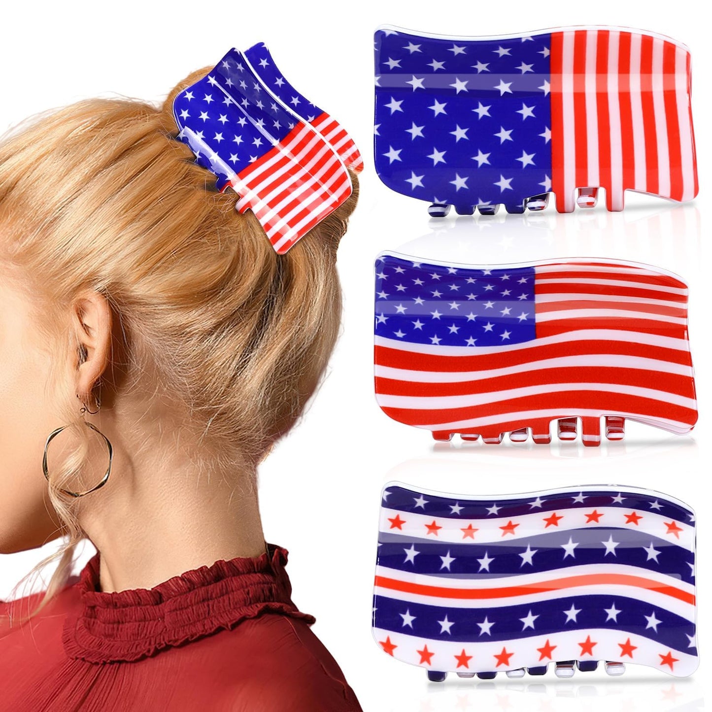 American Flag Hair Clip Set - 4th of July Claw Clips, 3 Pcs