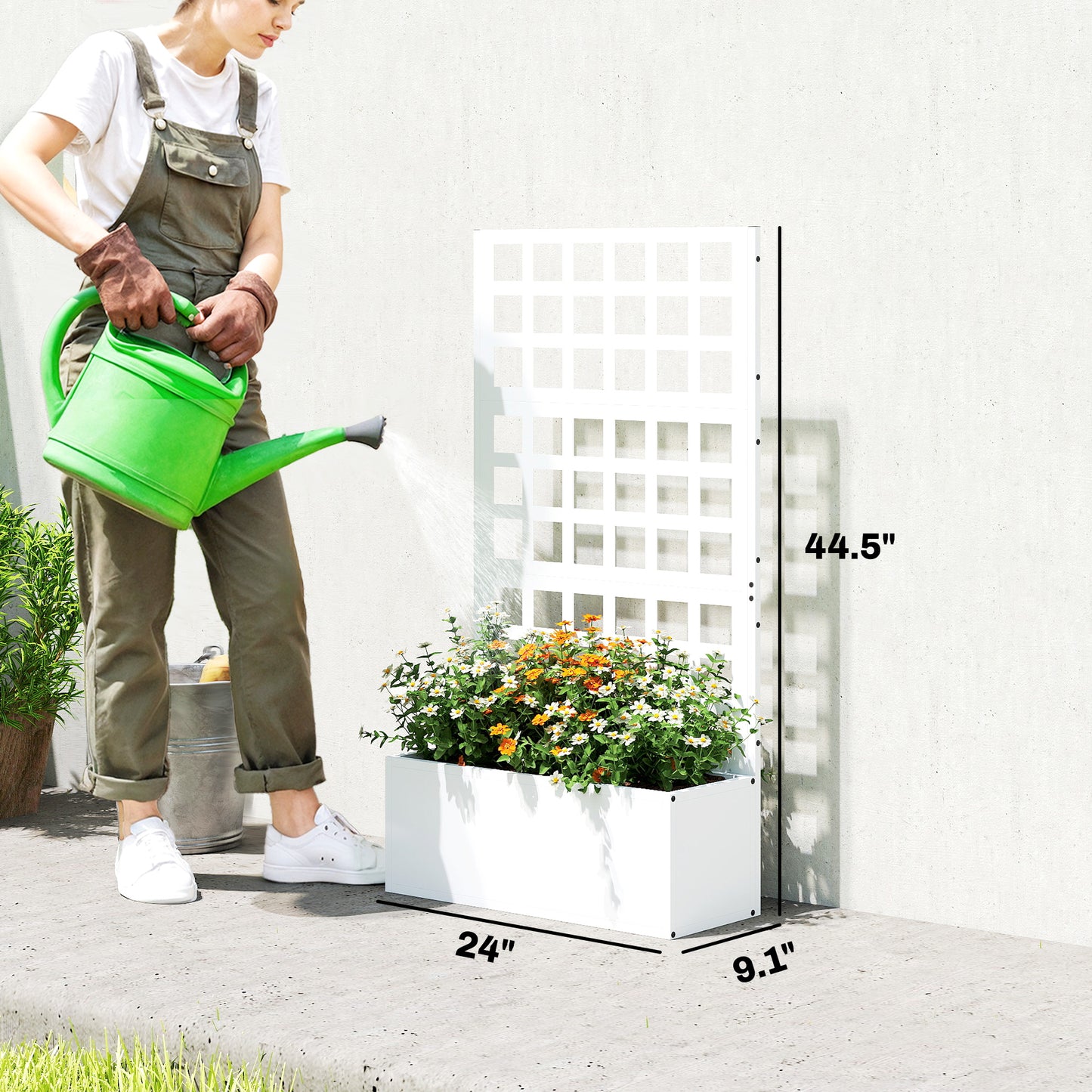 Galvanized Steel Raised Garden Bed with Trellis 24x9x44.5 Inches - White