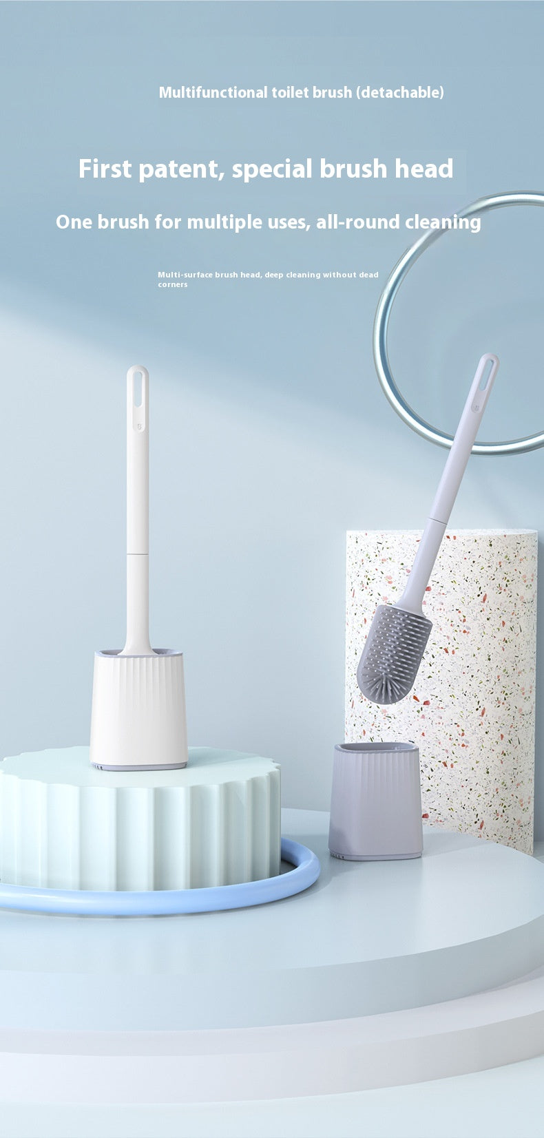 Multi-Functional Detachable Handle Toilet Cleaning Brush Set with Base - No Dead Angle TPR Soft Glue
