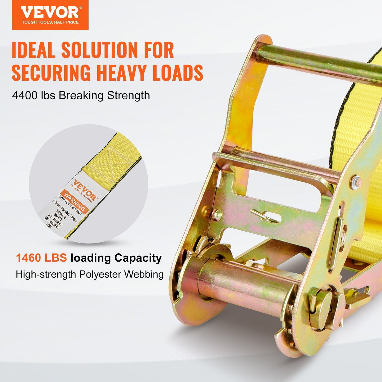Heavy Duty E-Track Ratchet Tie Down Straps 8 Pack - 4400 Lb Break Strength, 2x15' Yellow