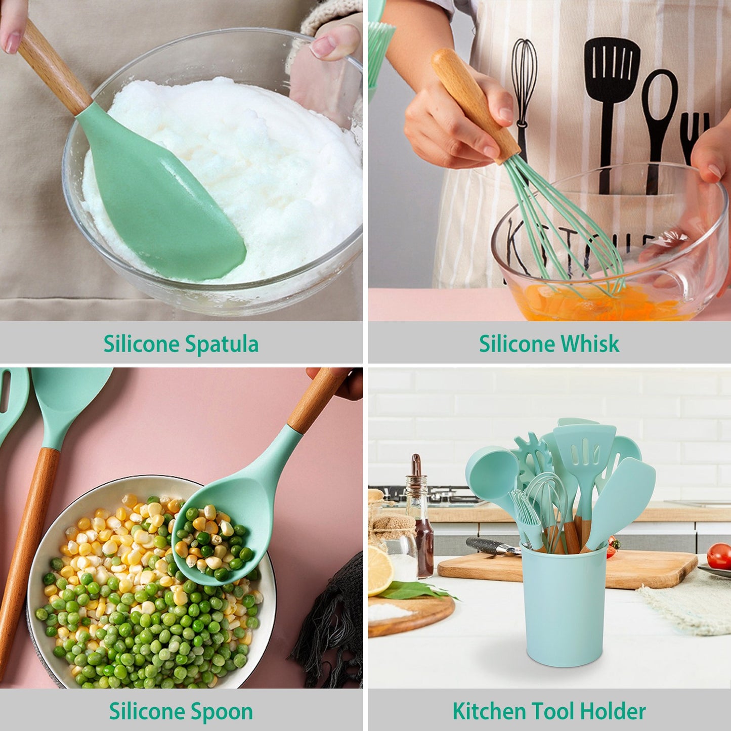 11-Piece Silicone Cooking Utensil Set with Wooden Handles