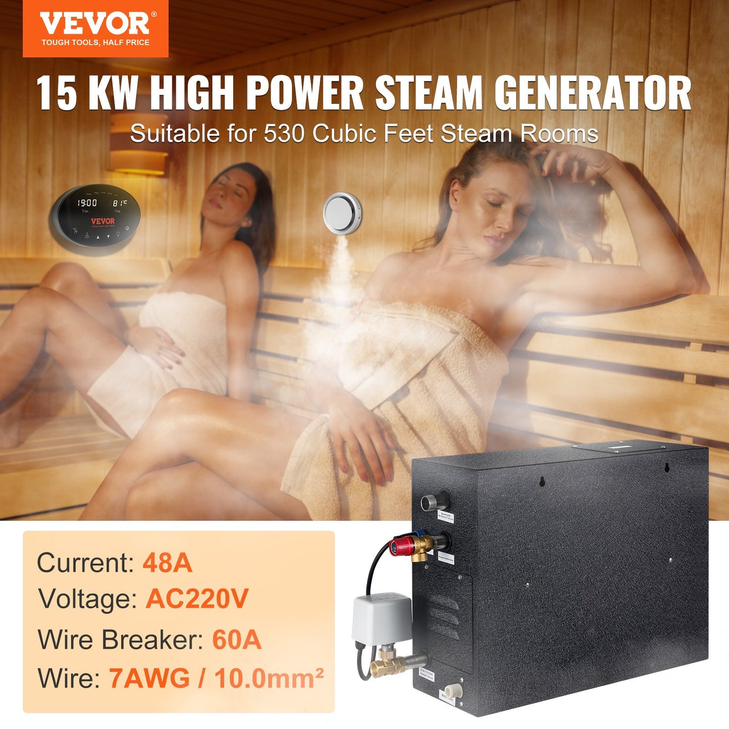 15KW Steam Shower Generator with Touch Control, Segmented Heating & Timer - Luxury Home Spa System