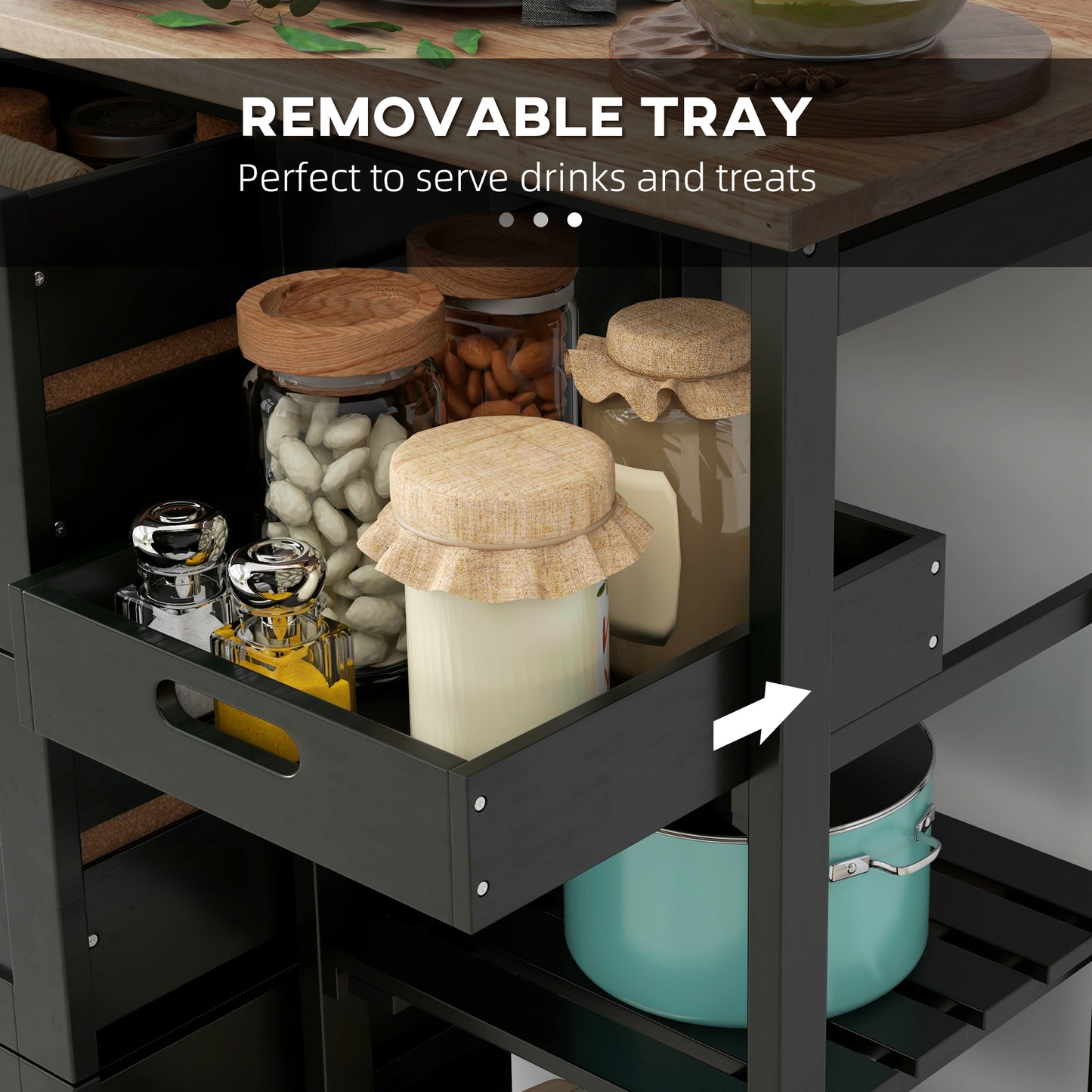 Rolling Kitchen Cart with Wood Top and Storage Shelves - Black