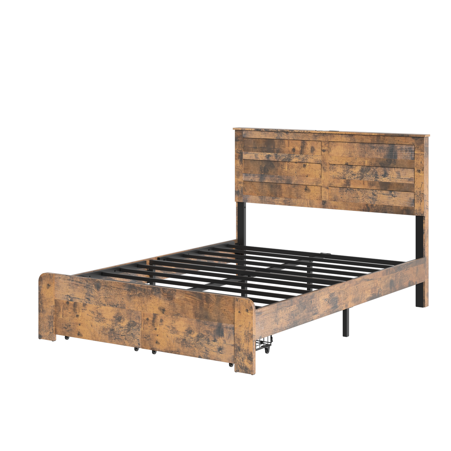 Full Rustic Platform Bed Frame with LED Headboard & Storage