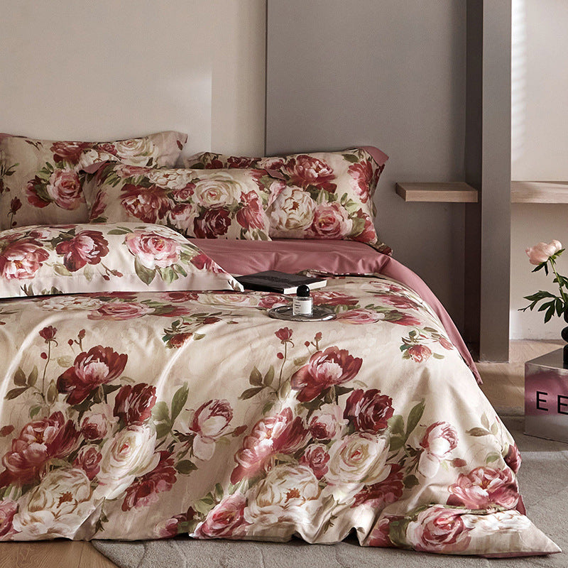 Flower Tencel Bedding Set - Four-Piece Includes Quilt Cover & Sheets
