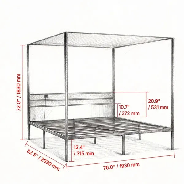 Sturdy Canopy Bed Frame with Storage Space - Metal Design