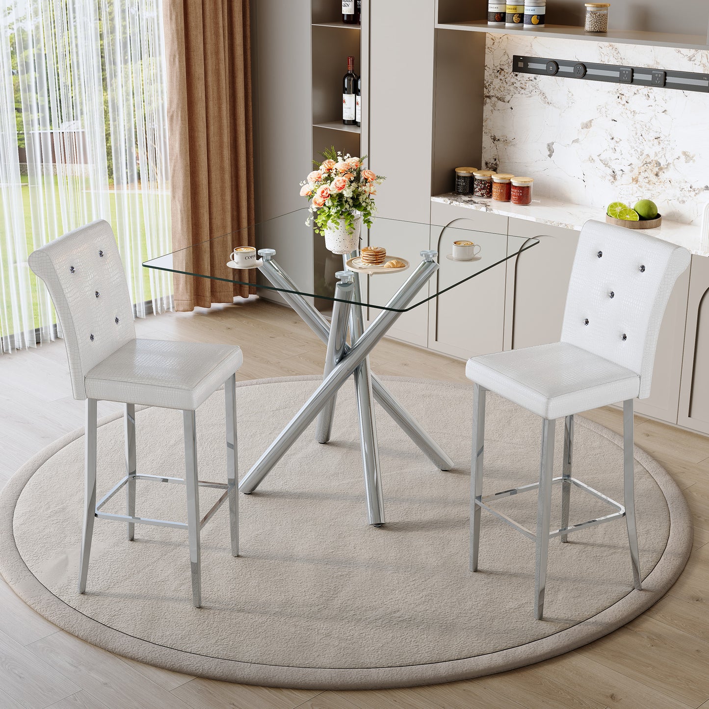 Modern Glass Bar Table & 2 Fixed-Height Bar Stools Set - Silver