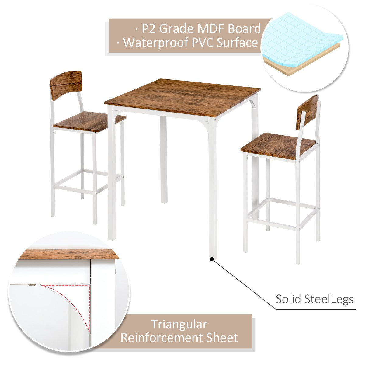 3-Piece Industrial Counter Height Dining Table Set - White