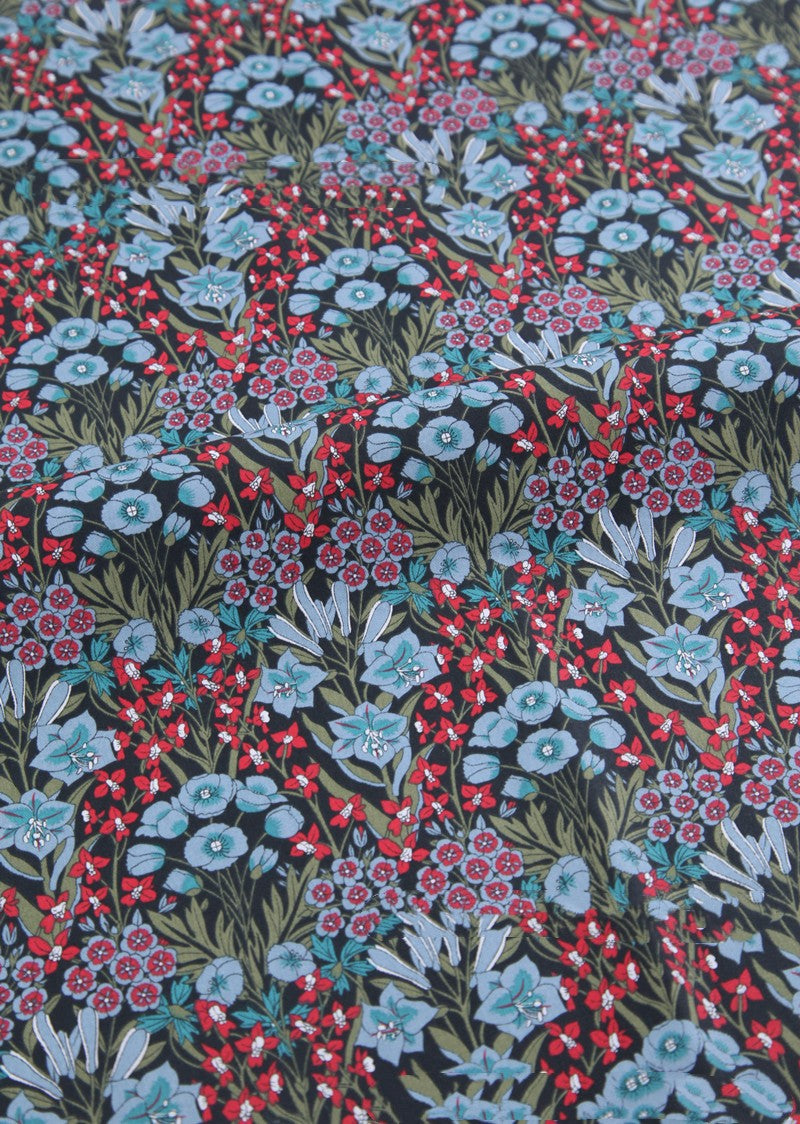 Deep Blue Bird Forest Cotton Fabric - Botanical Print 100% Cotton Textile