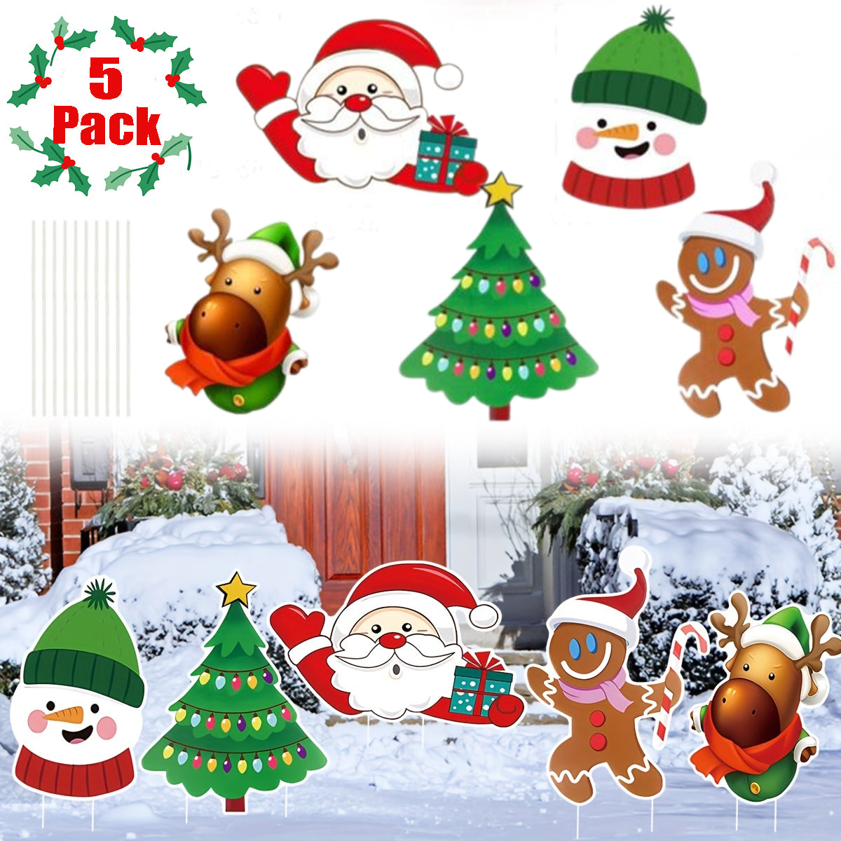 5-Pack Christmas Yard Signs with Stakes - Multicolour Decorations