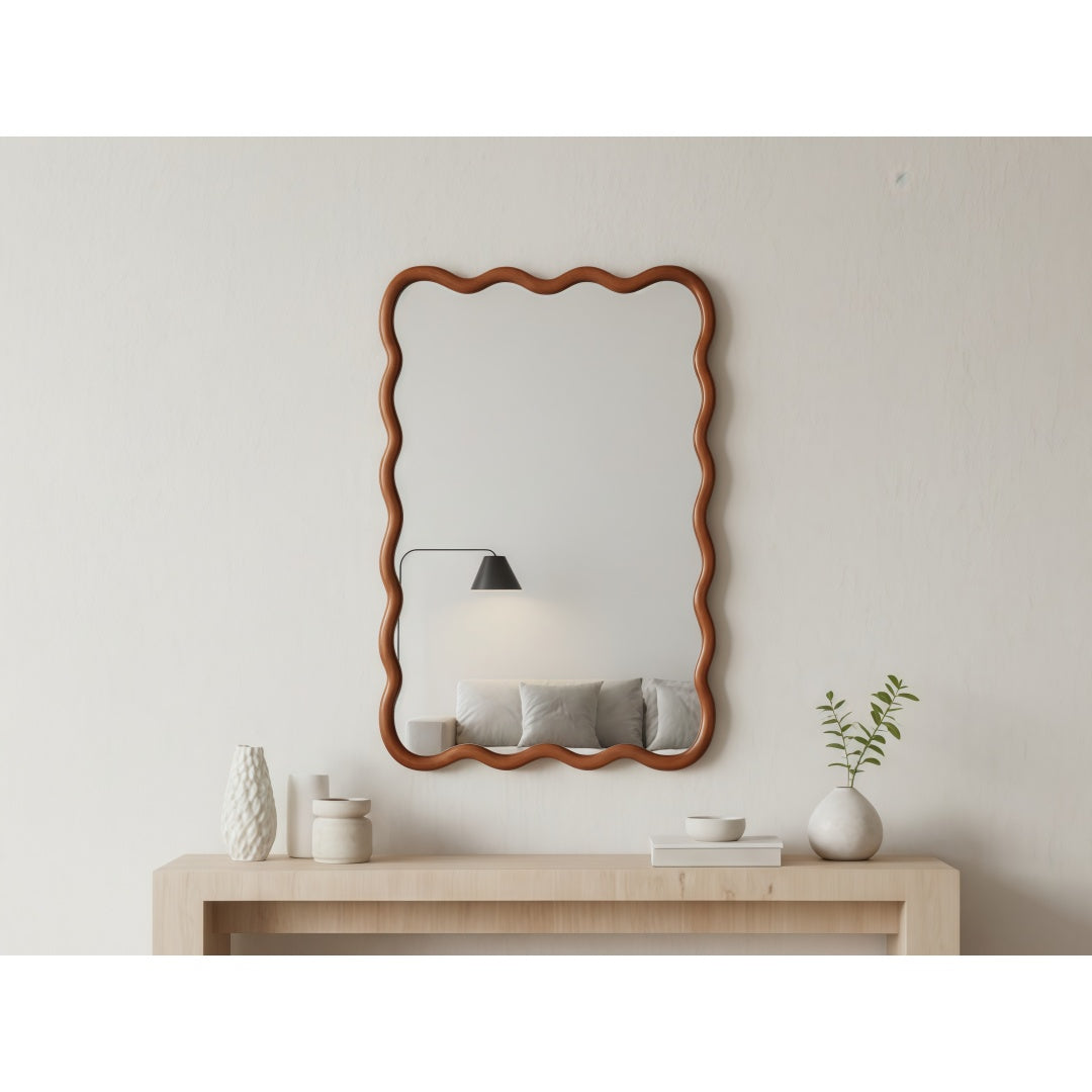 Wavy Rectangle Solid Wood Frame Decorative Mirror - Yellowish Brown 20x30