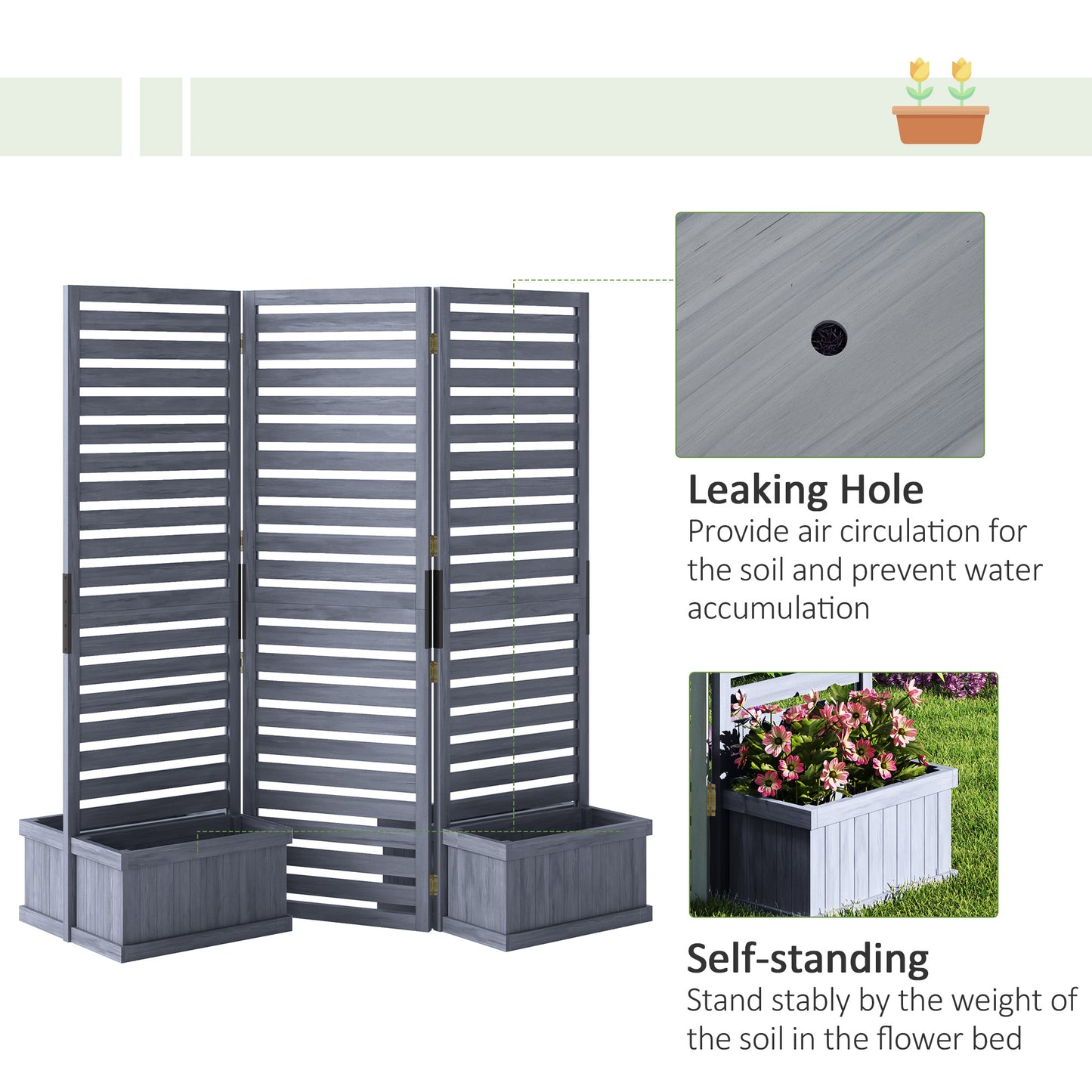 Wooden Privacy Screen with 4 Planter Boxes - Garden Fence Panel, Gray 910x285x600 mm