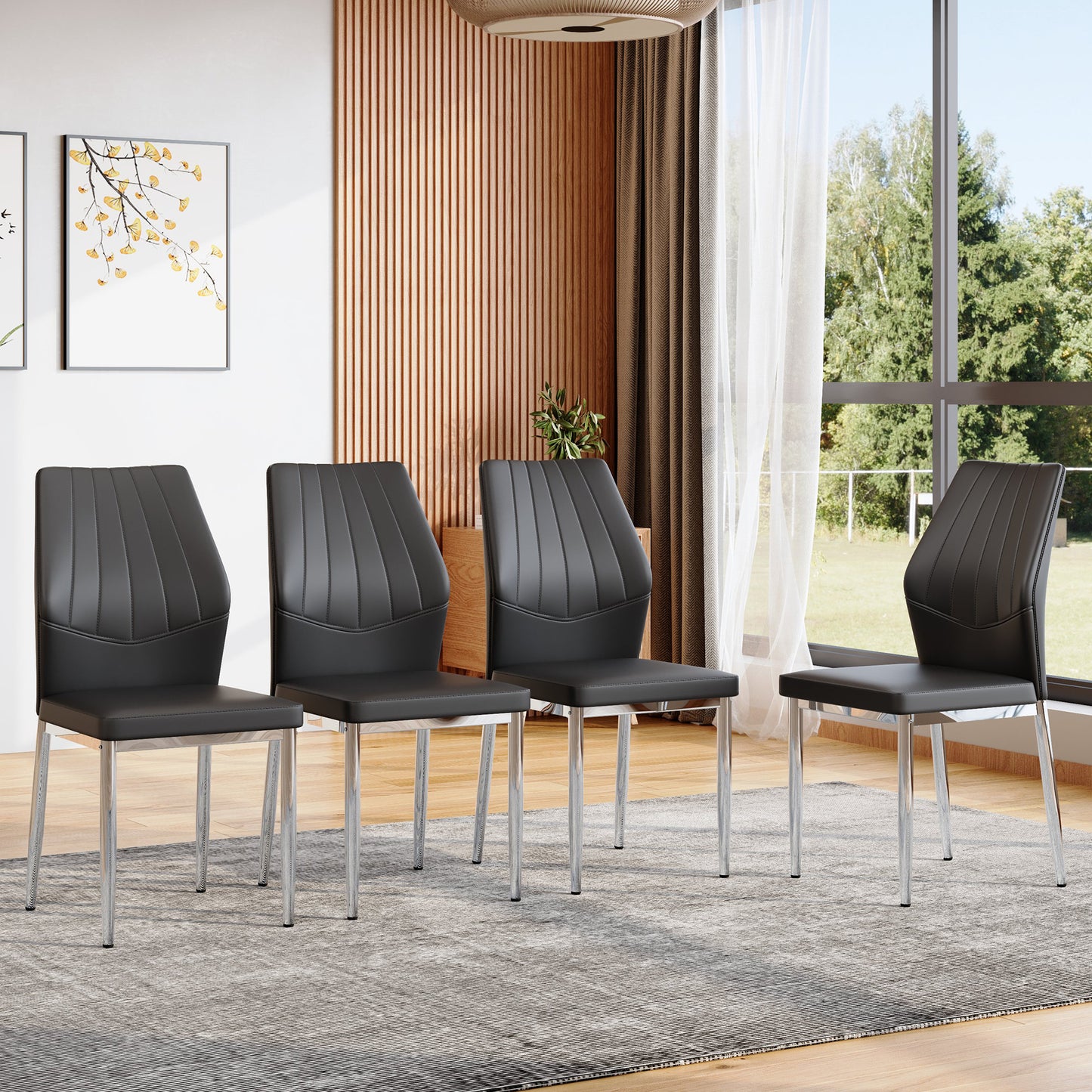 Set Of 4 Black - And Silver Dining Chairs,37 Inches High Ergonomic PU