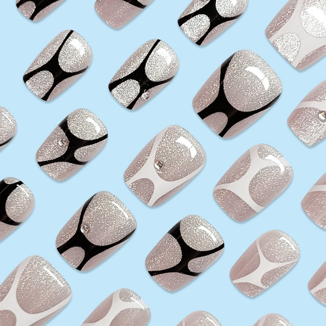 Short Rectangular Cat-Eye Gradient False Nails Kit with Gemstones & Stickers