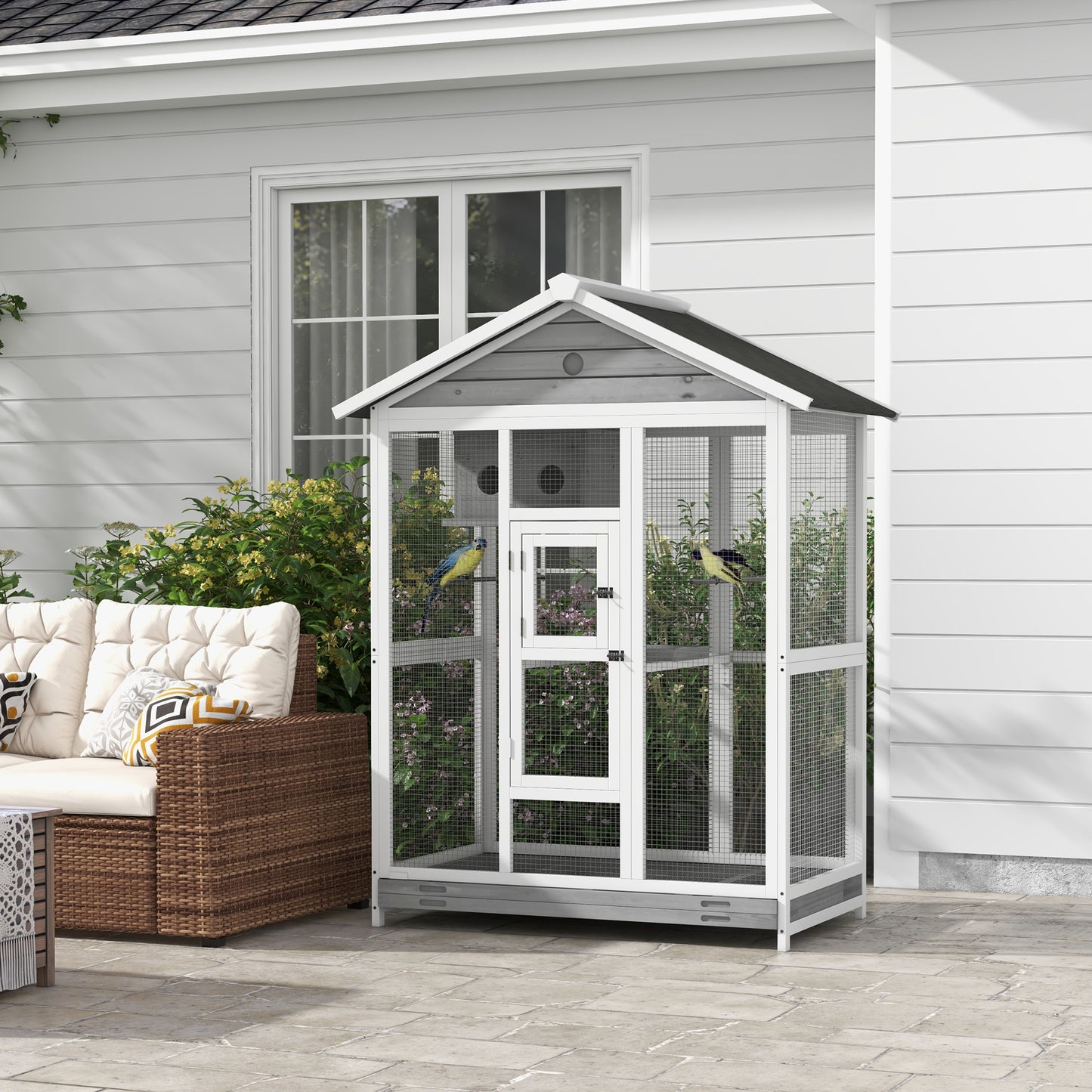 Wooden Bird Cage Aviary with 4 Perches & Nest for Indoor Outdoor Use – Gray, 64.5"
