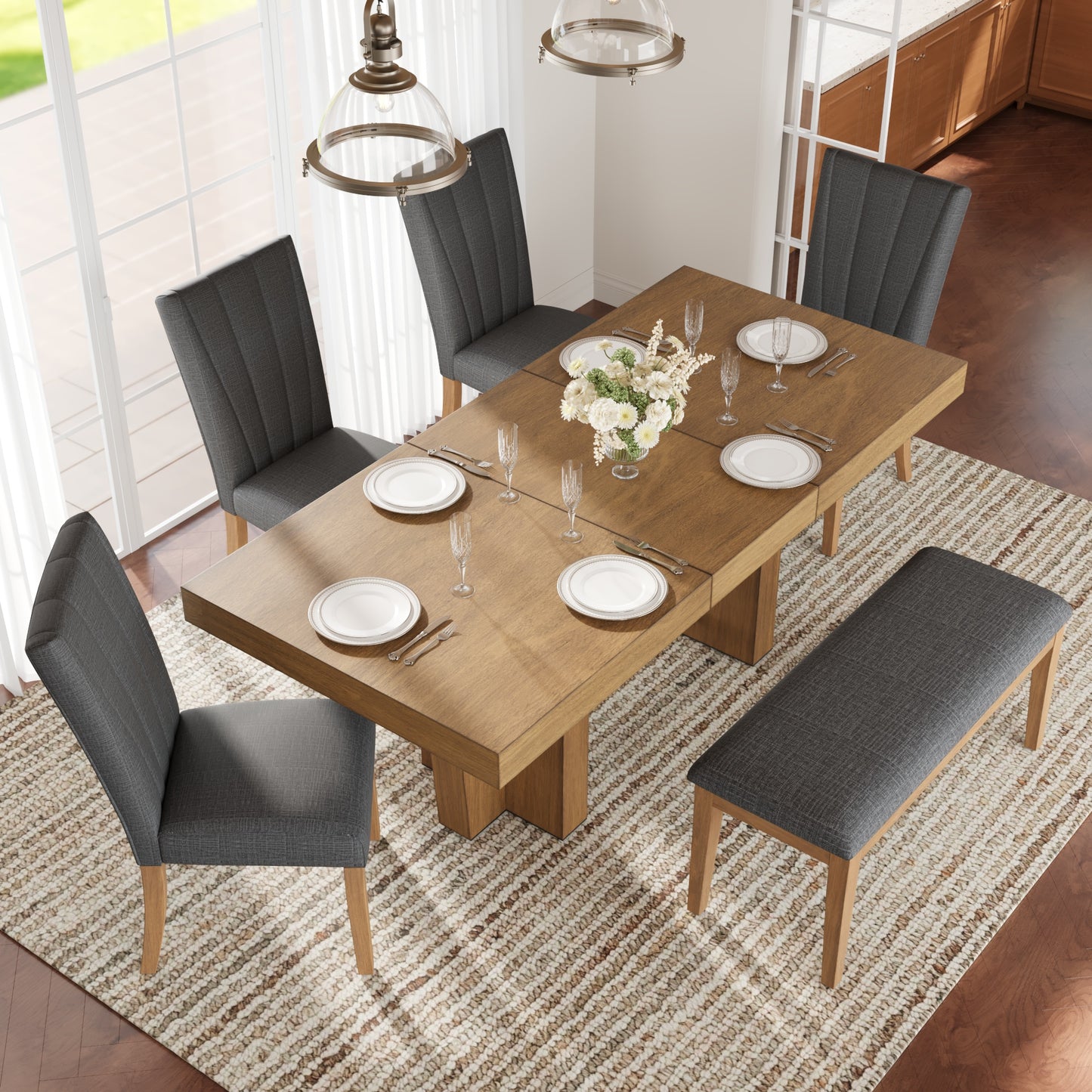 Extendable Wood Dining Table Set for 6 with Bench & 4 Chairs - Brown Gray